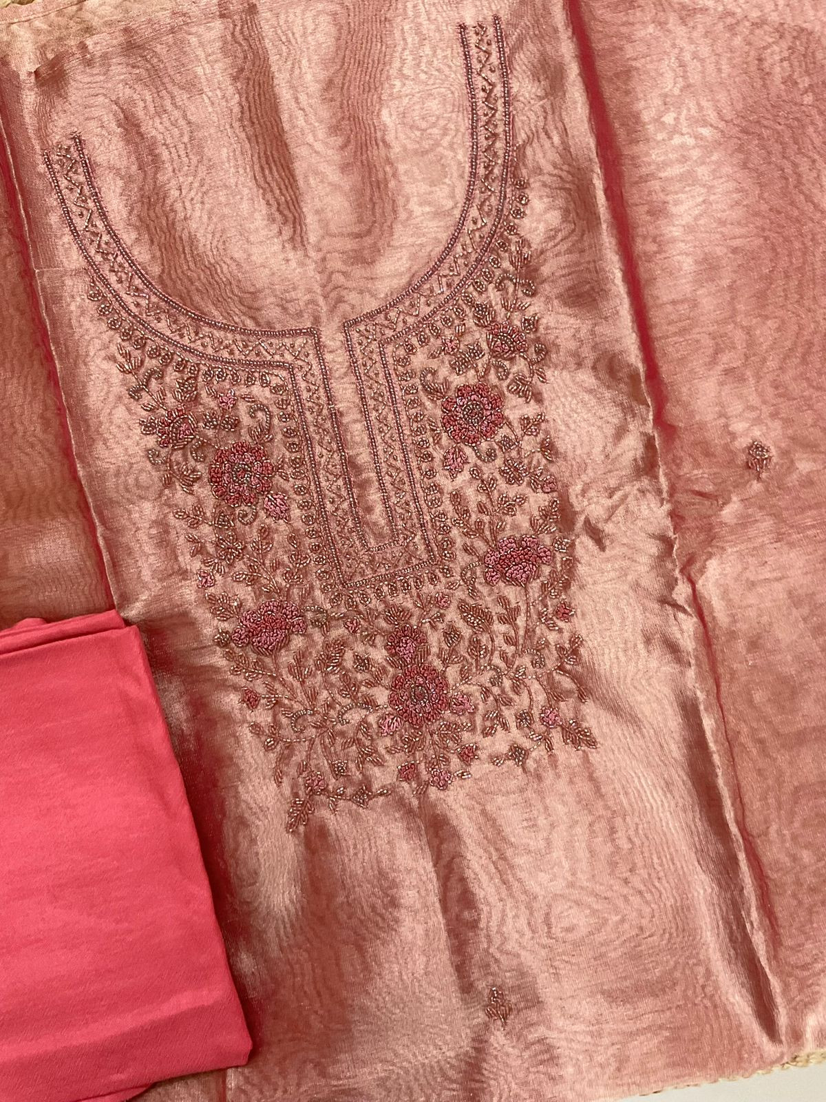 Soft Tissue Shimmer Silk Banarasi Weaved Embroidered Suit - Peach