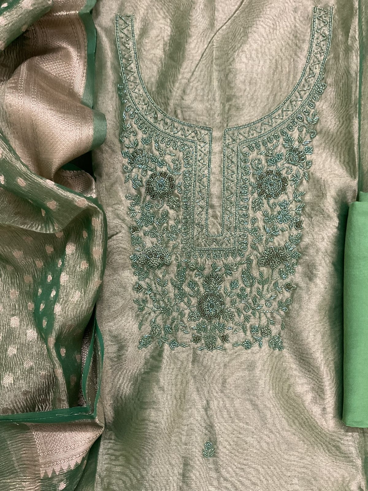 Soft Tissue Shimmer Silk Banarasi Weaved Embroidered Suit - Green