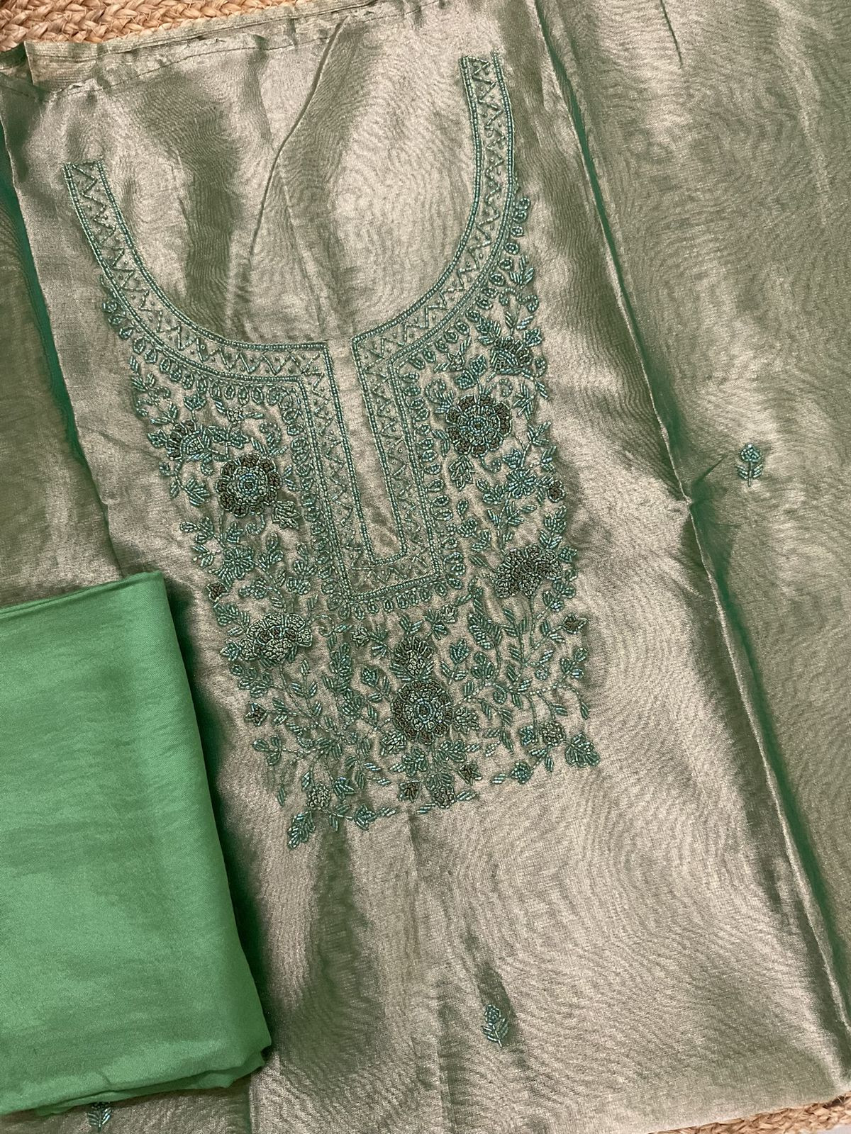 Soft Tissue Shimmer Silk Banarasi Weaved Embroidered Suit - Green