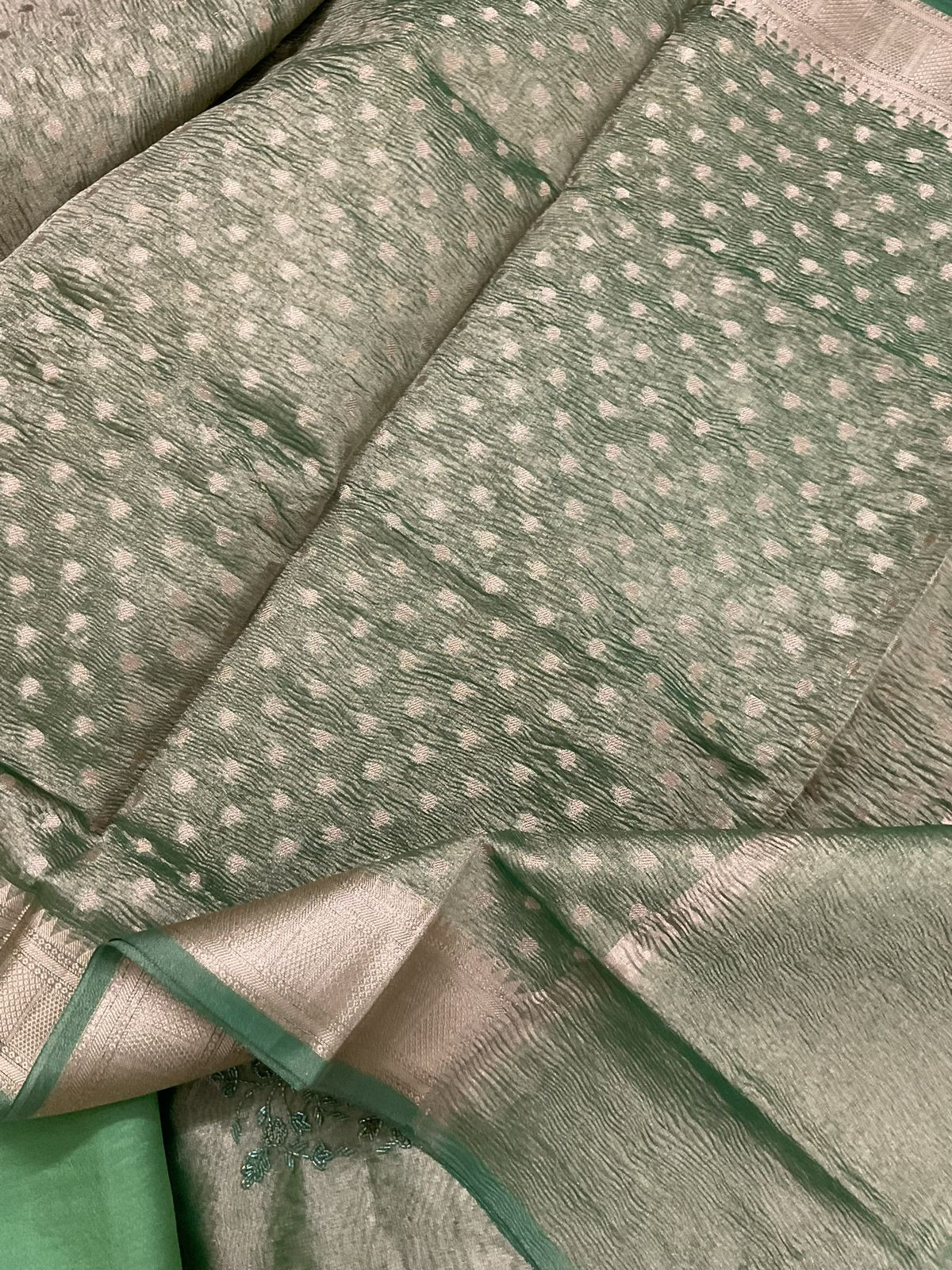 Soft Tissue Shimmer Silk Banarasi Weaved Embroidered Suit - Green