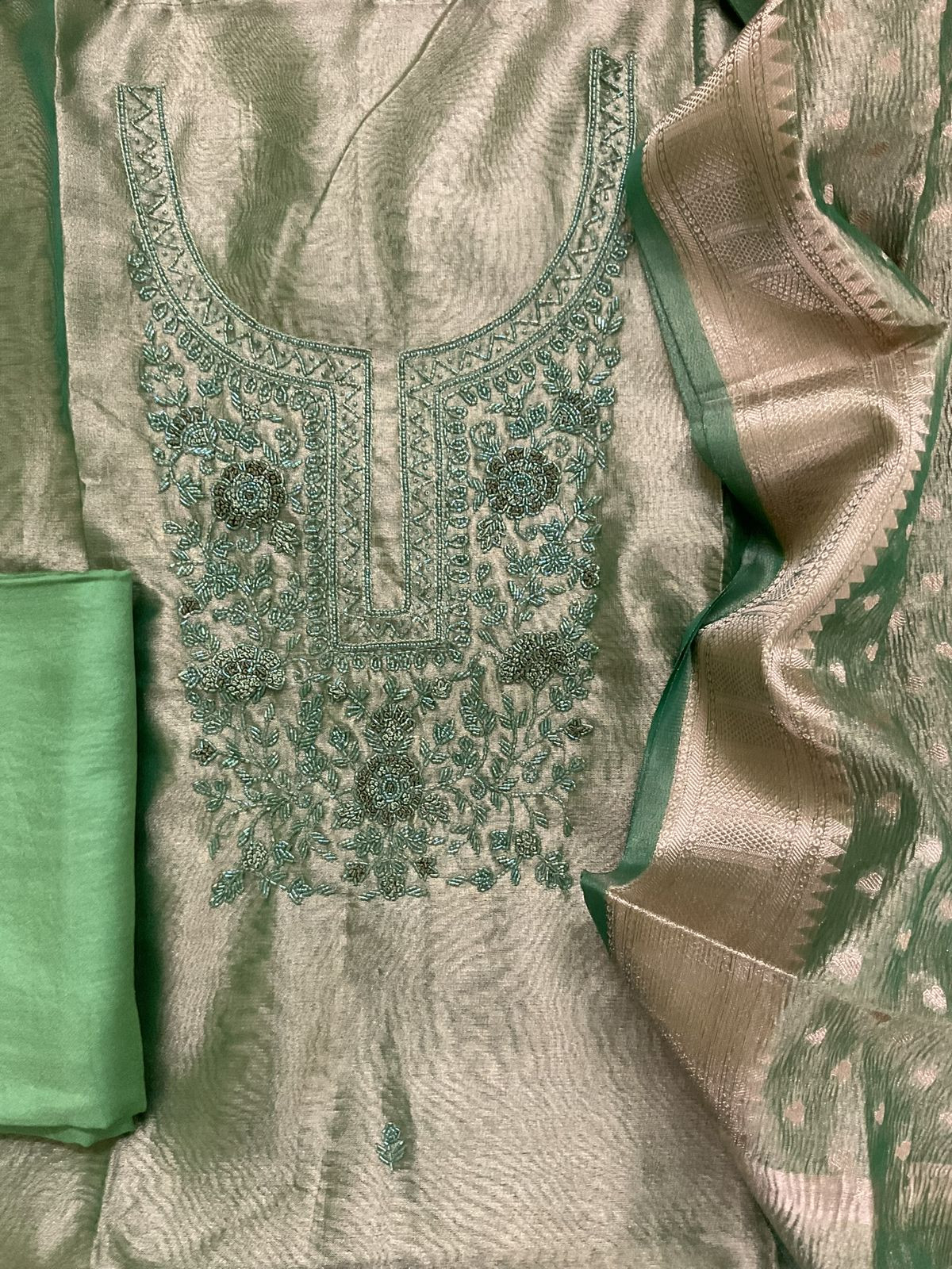 Soft Tissue Shimmer Silk Banarasi Weaved Embroidered Suit - Green