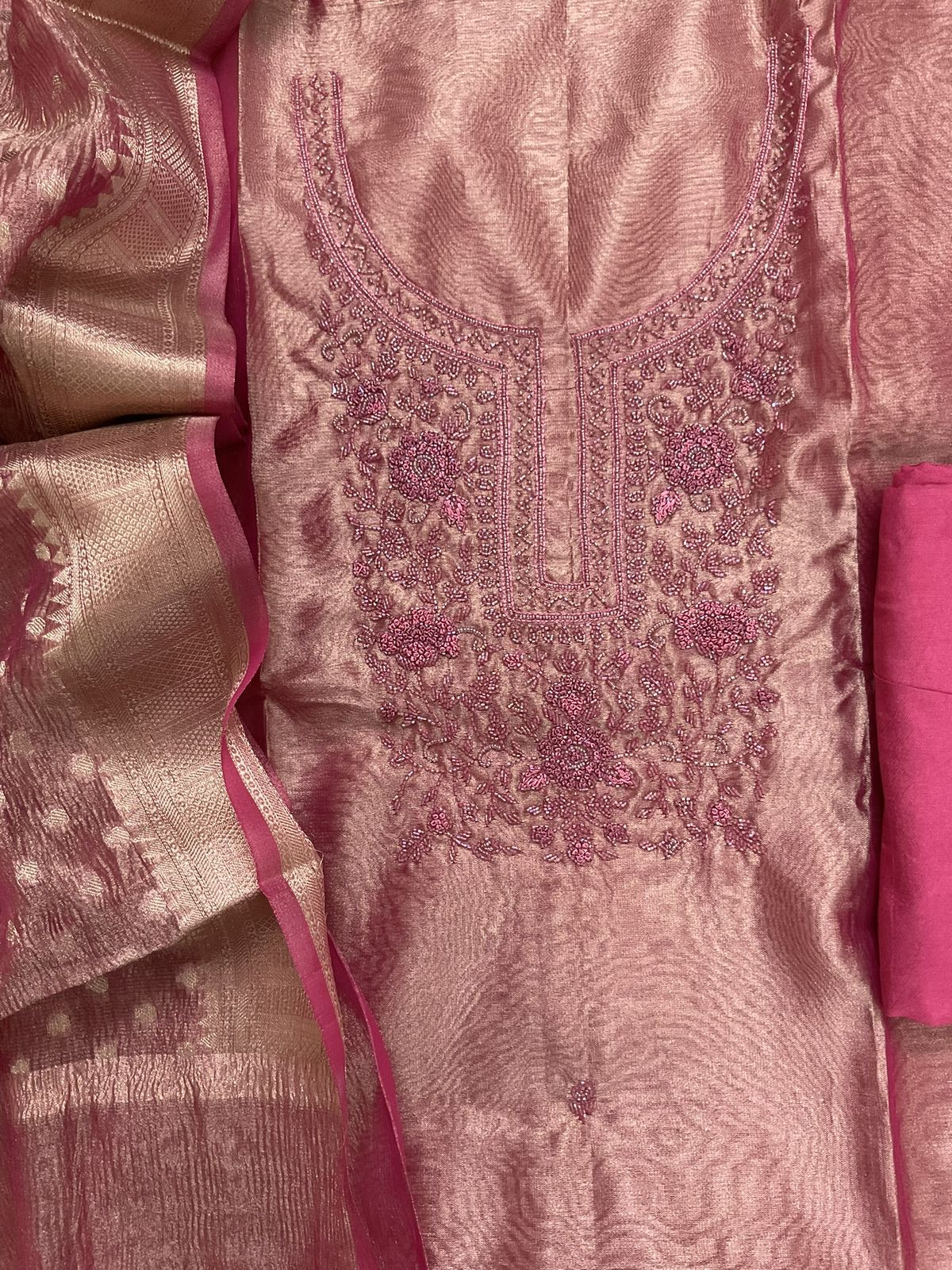 Soft Tissue Shimmer Silk Banarasi Weaved Embroidered Suit - Pink