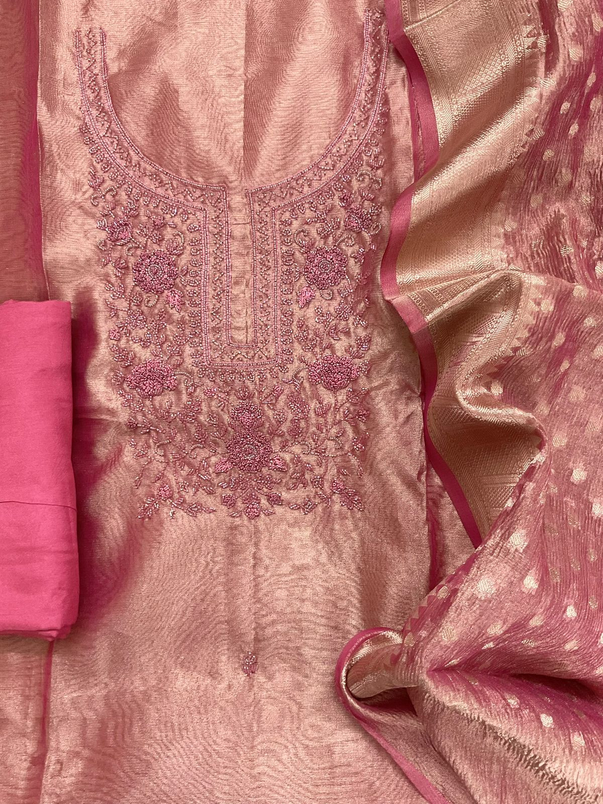Soft Tissue Shimmer Silk Banarasi Weaved Embroidered Suit - Pink