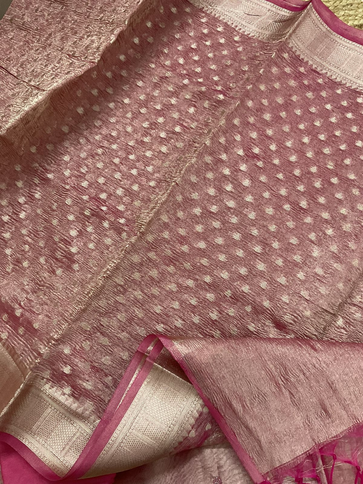 Soft Tissue Shimmer Silk Banarasi Weaved Embroidered Suit - Pink