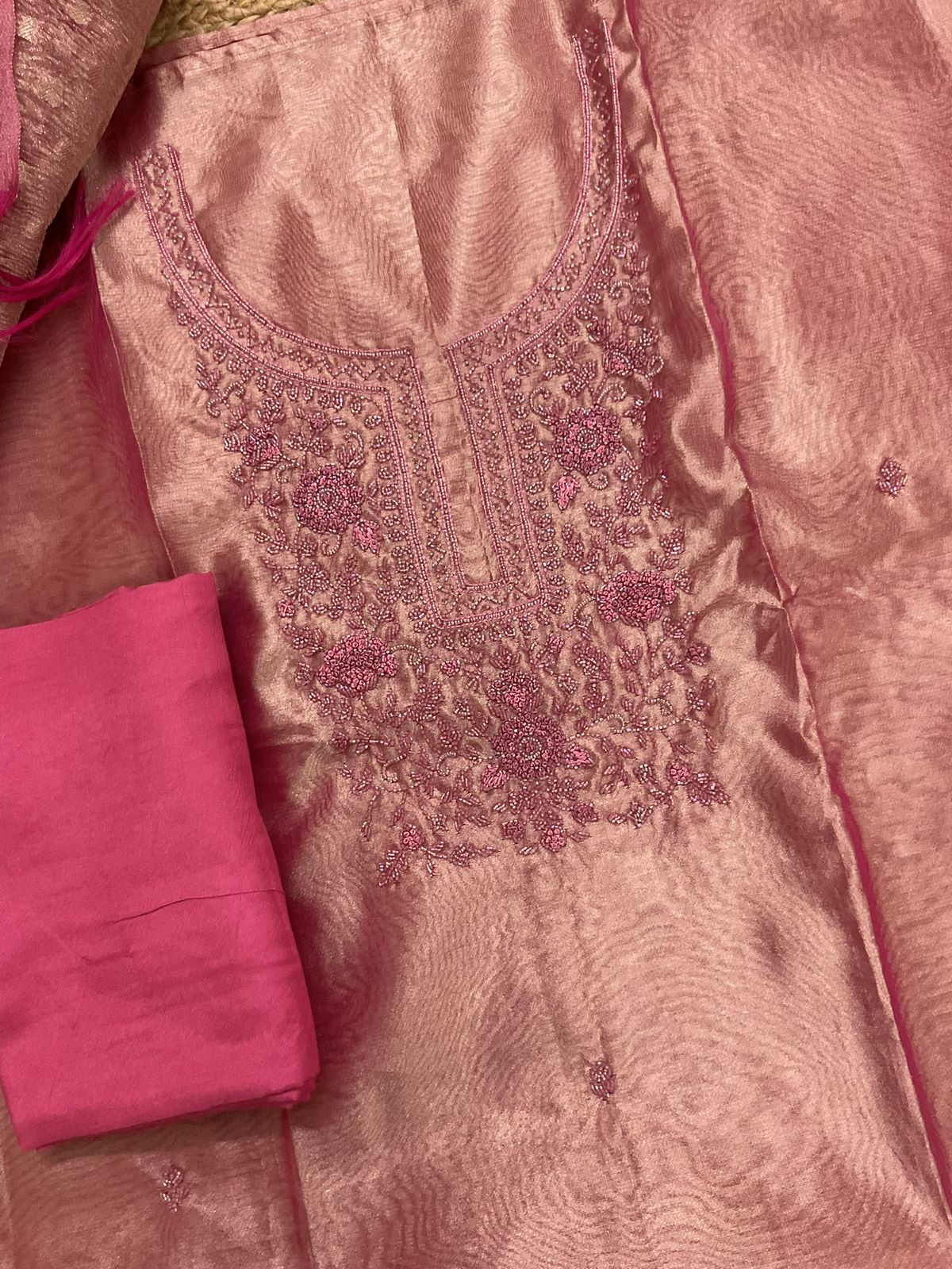 Soft Tissue Shimmer Silk Banarasi Weaved Embroidered Suit - Pink