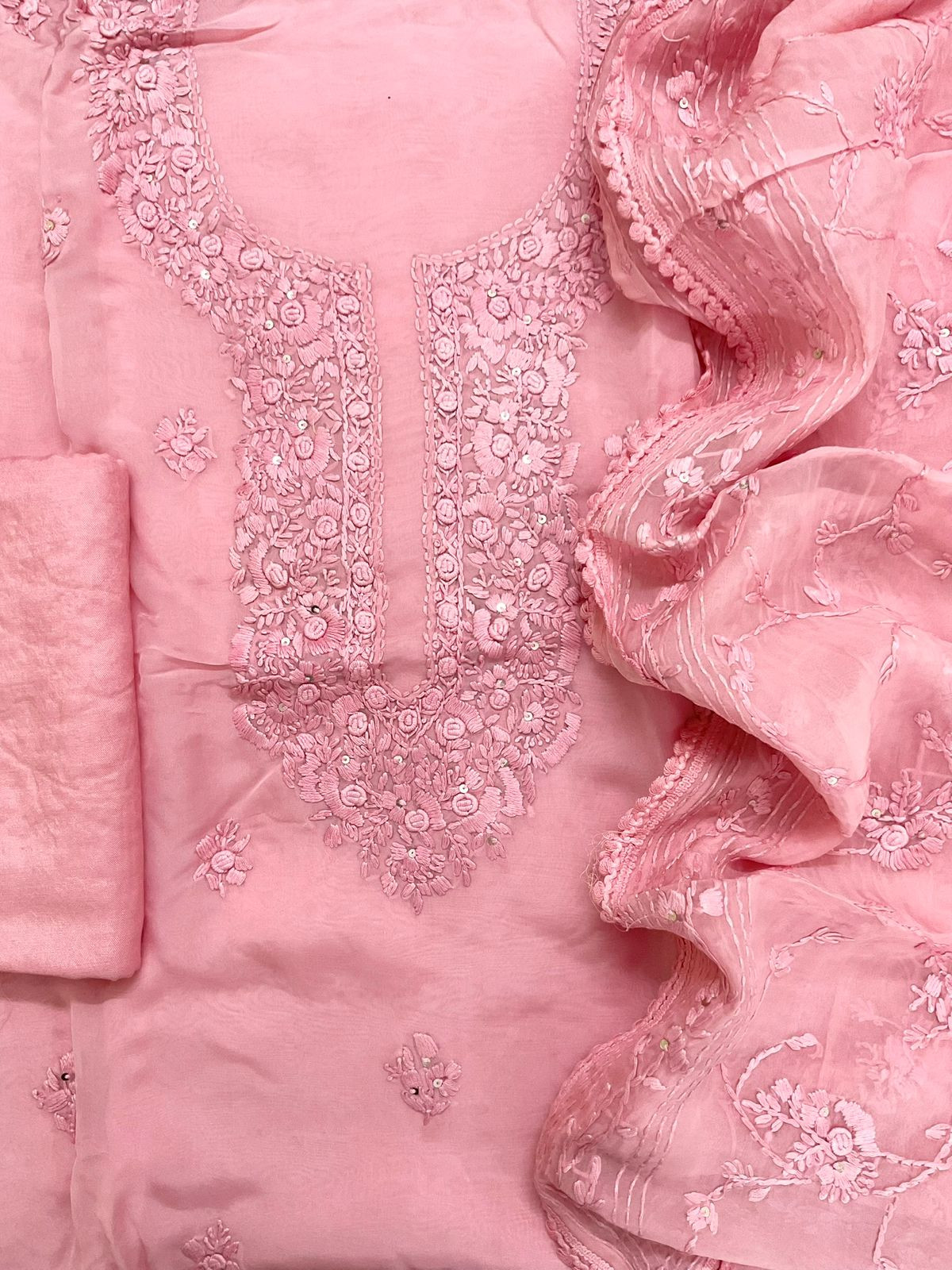 Pure Organza Embroidered Suit - Pink