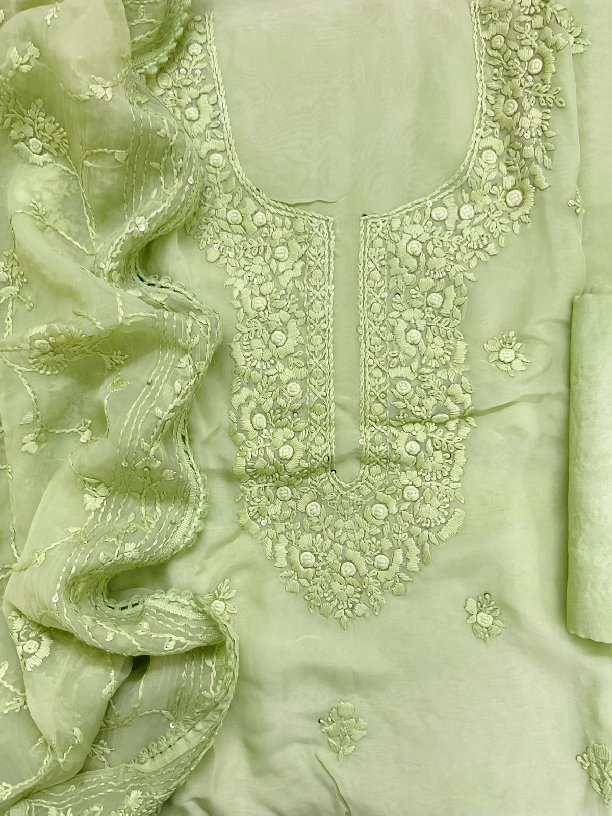 Pure Organza Embroidered Suit - Green