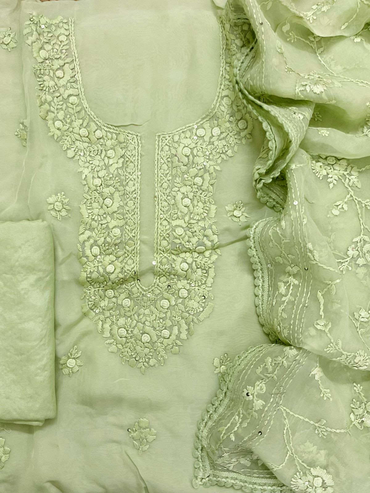 Pure Organza Embroidered Suit - Green
