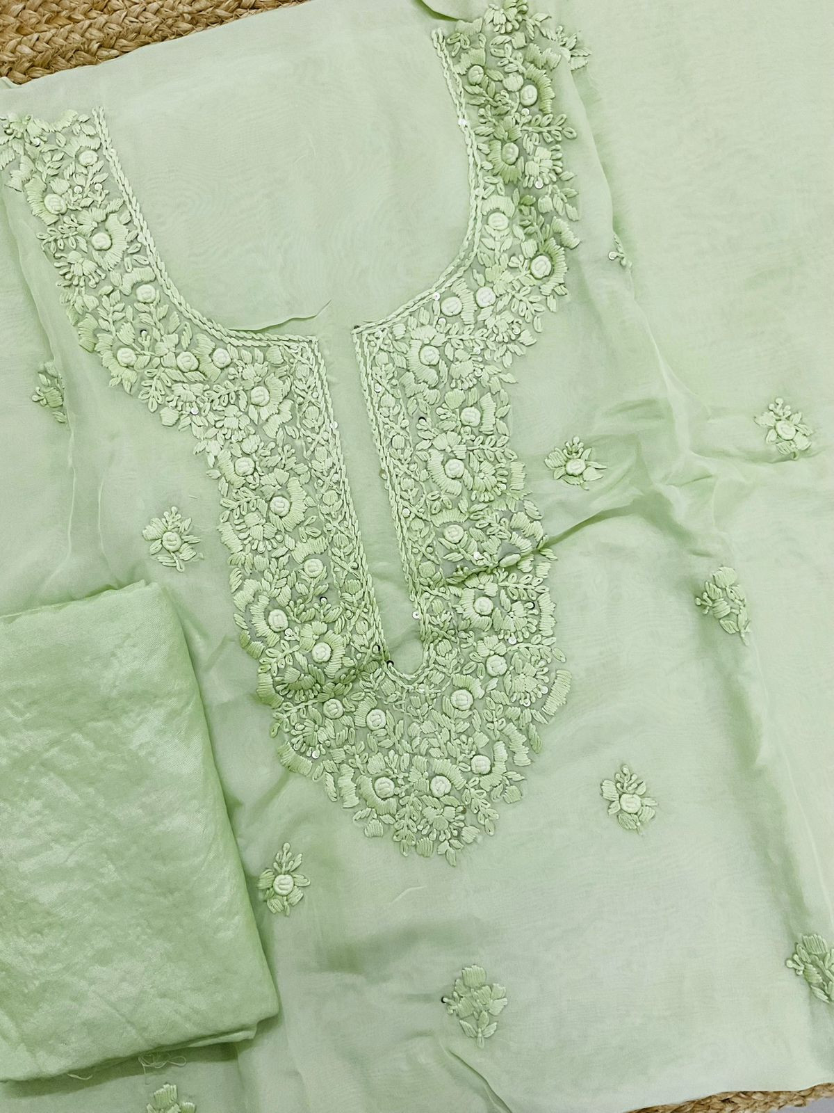 Pure Organza Embroidered Suit - Green