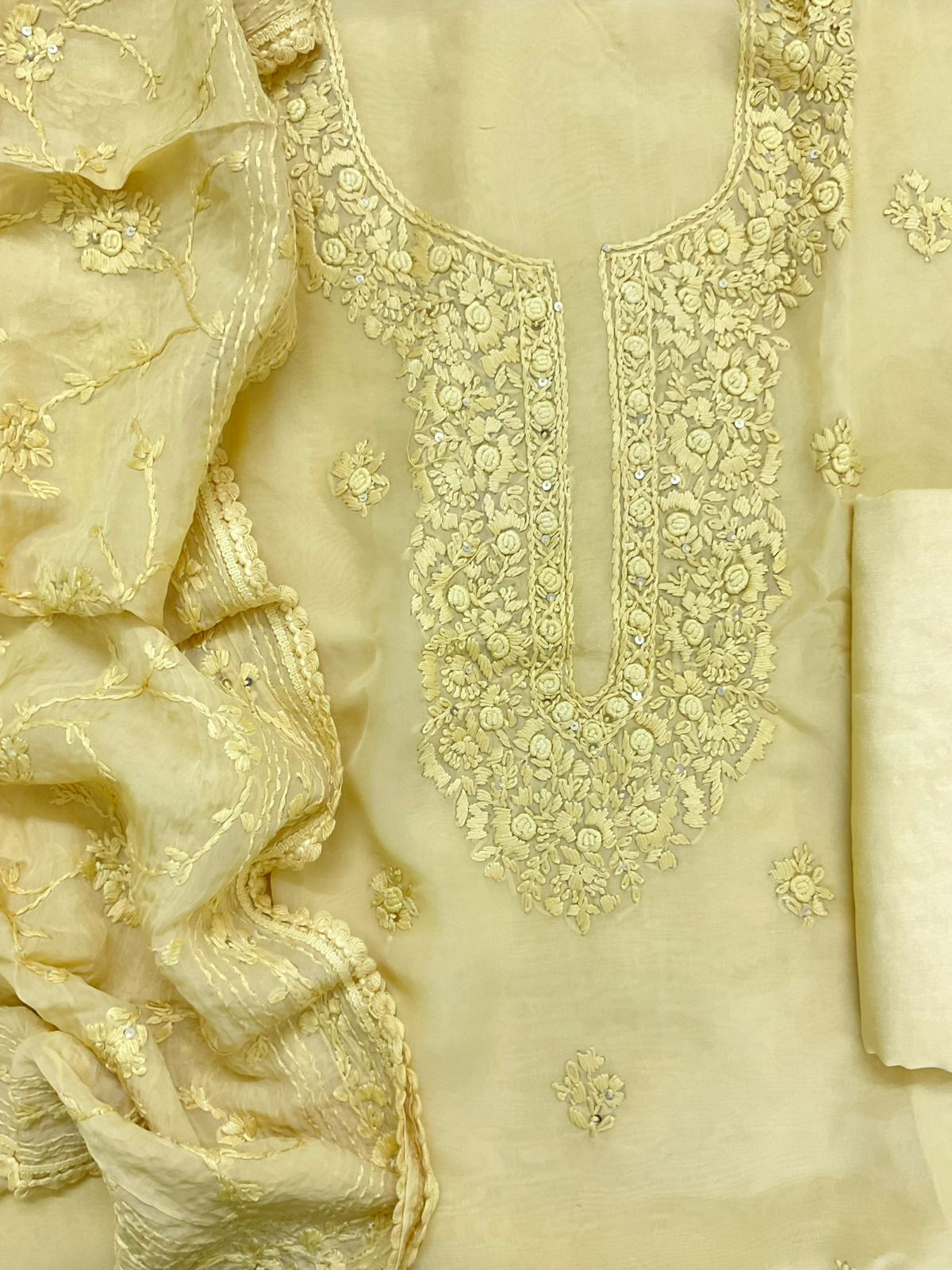 Pure Organza Embroidered Suit - Yellow