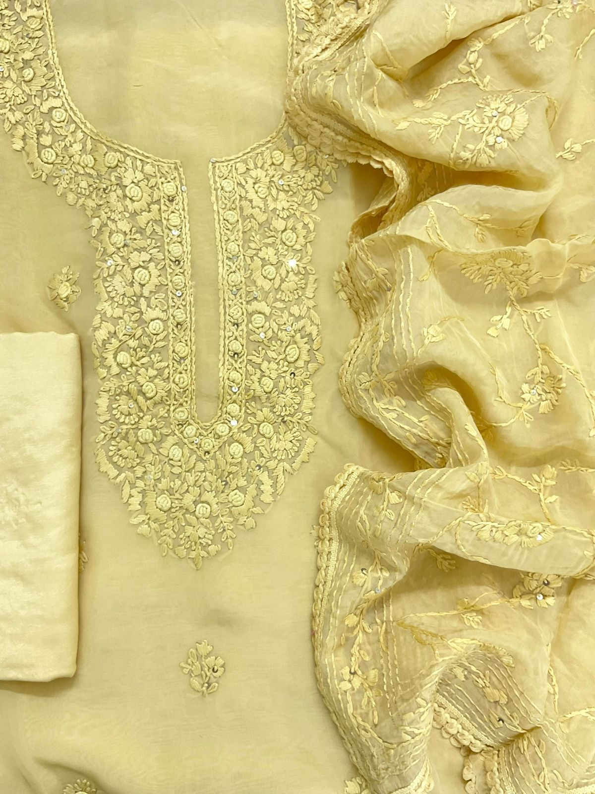 Pure Organza Embroidered Suit - Yellow