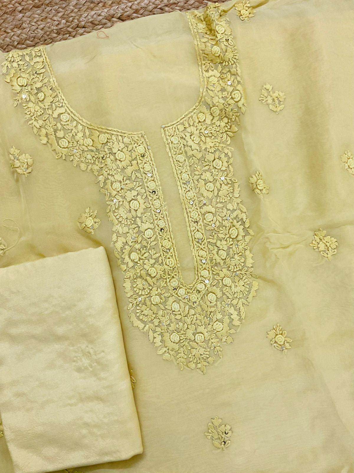 Pure Organza Embroidered Suit - Yellow