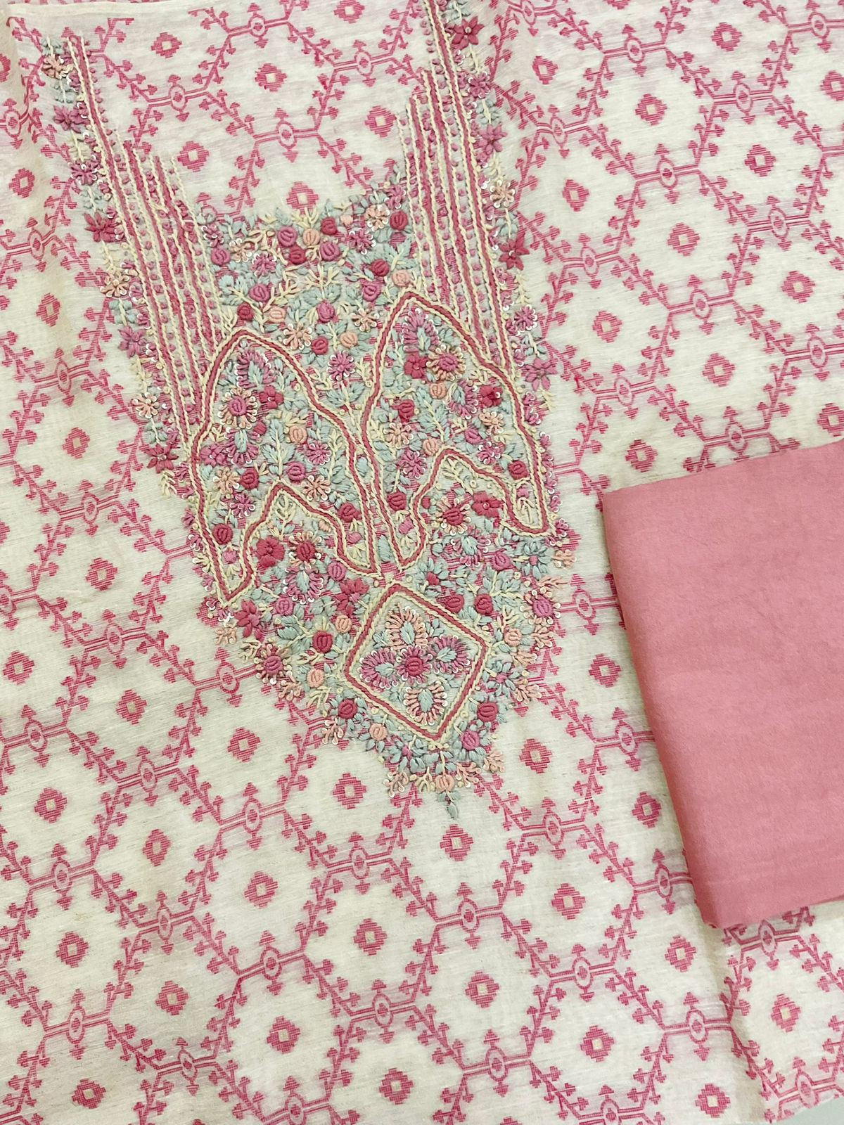 Soft Slub Chanderi Jamdani Weaved Embroidered Suit - Pink