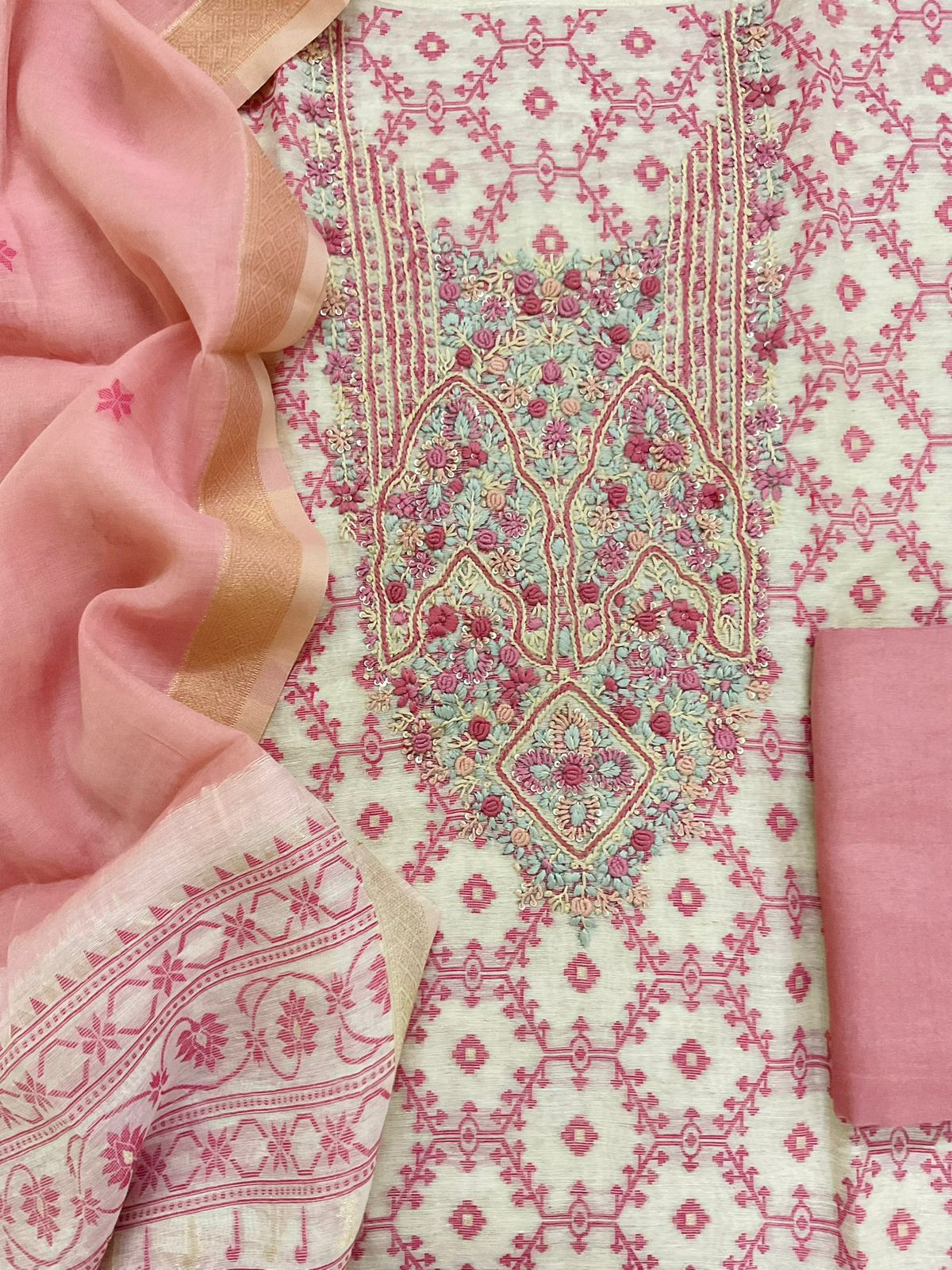 Soft Slub Chanderi Jamdani Weaved Embroidered Suit - Pink