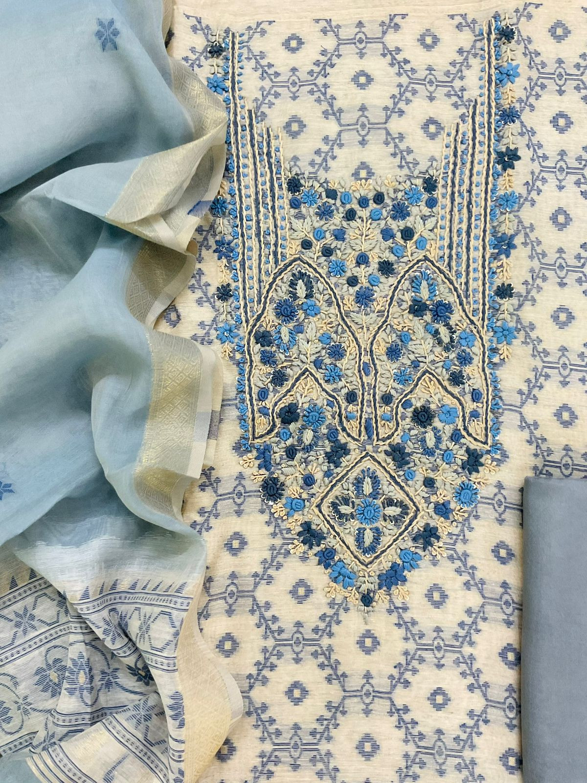 Soft Slub Chanderi Jamdani Weaved Embroidered Suit - Blue