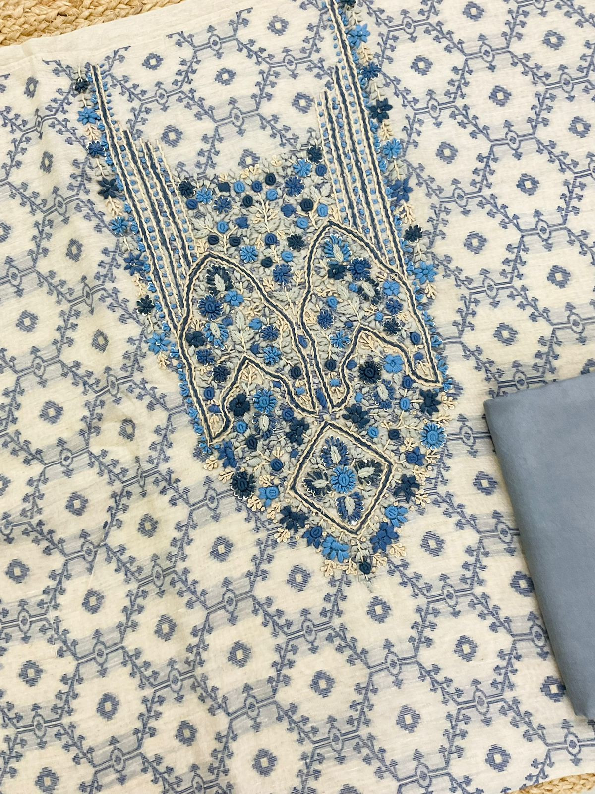 Soft Slub Chanderi Jamdani Weaved Embroidered Suit - Blue