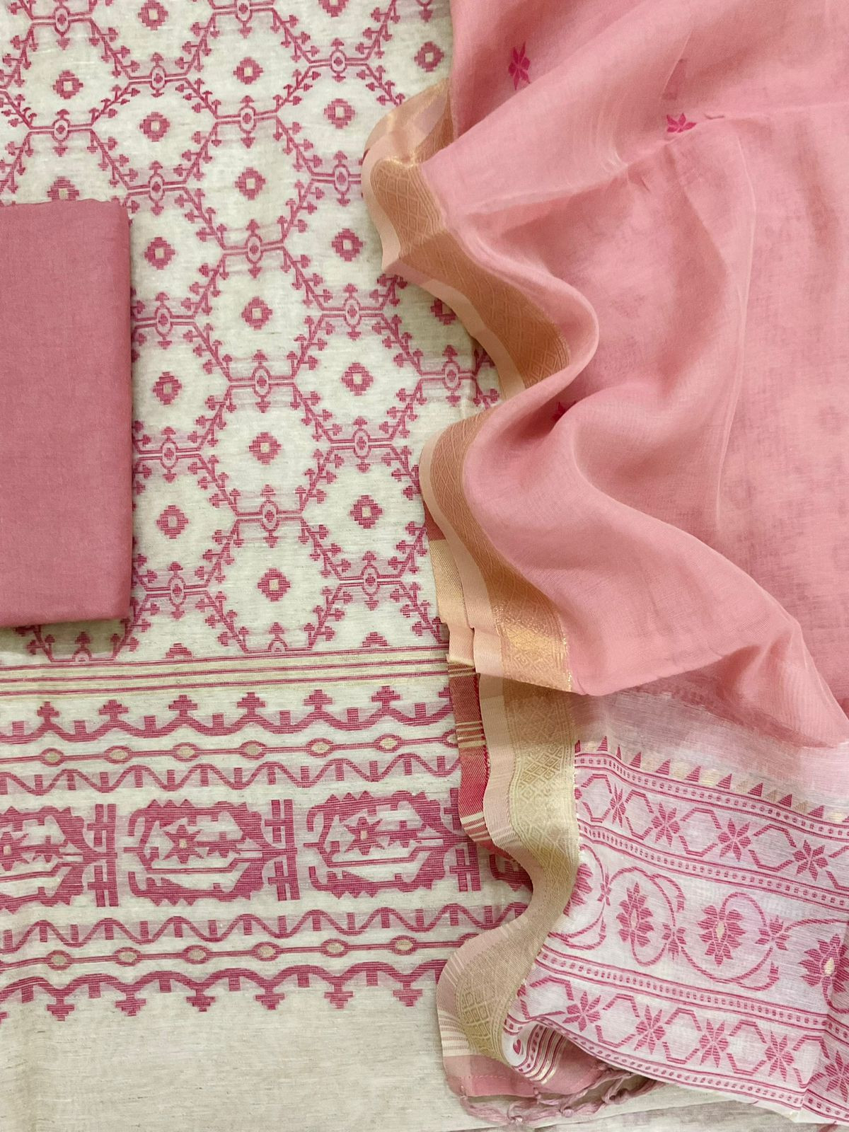 Soft Slub Chanderi Jamdani Weaved Embroidered Suit - Pink