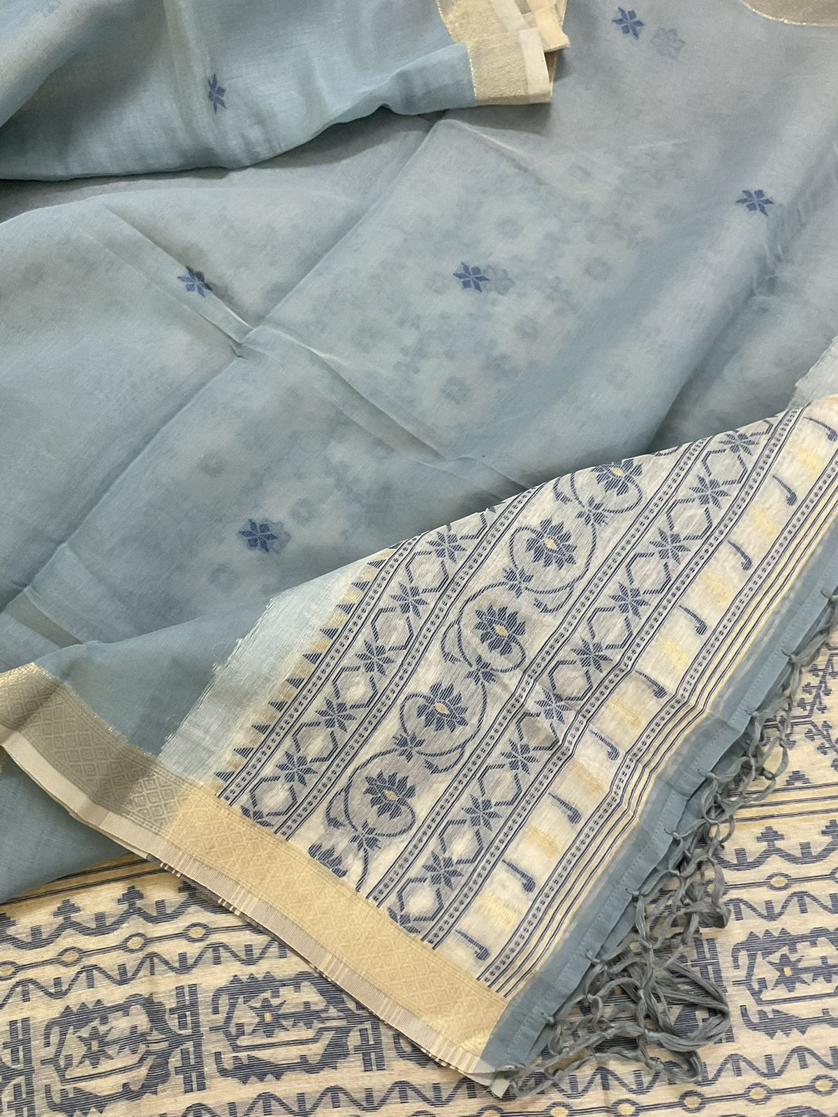 Soft Slub Chanderi Jamdani Weaved Embroidered Suit - Blue