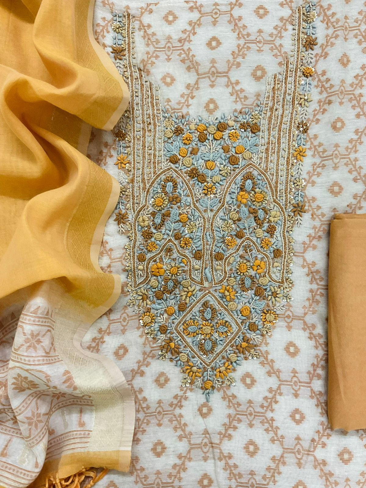 Soft Slub Chanderi Jamdani Weaved Embroidered Suit - Yellow