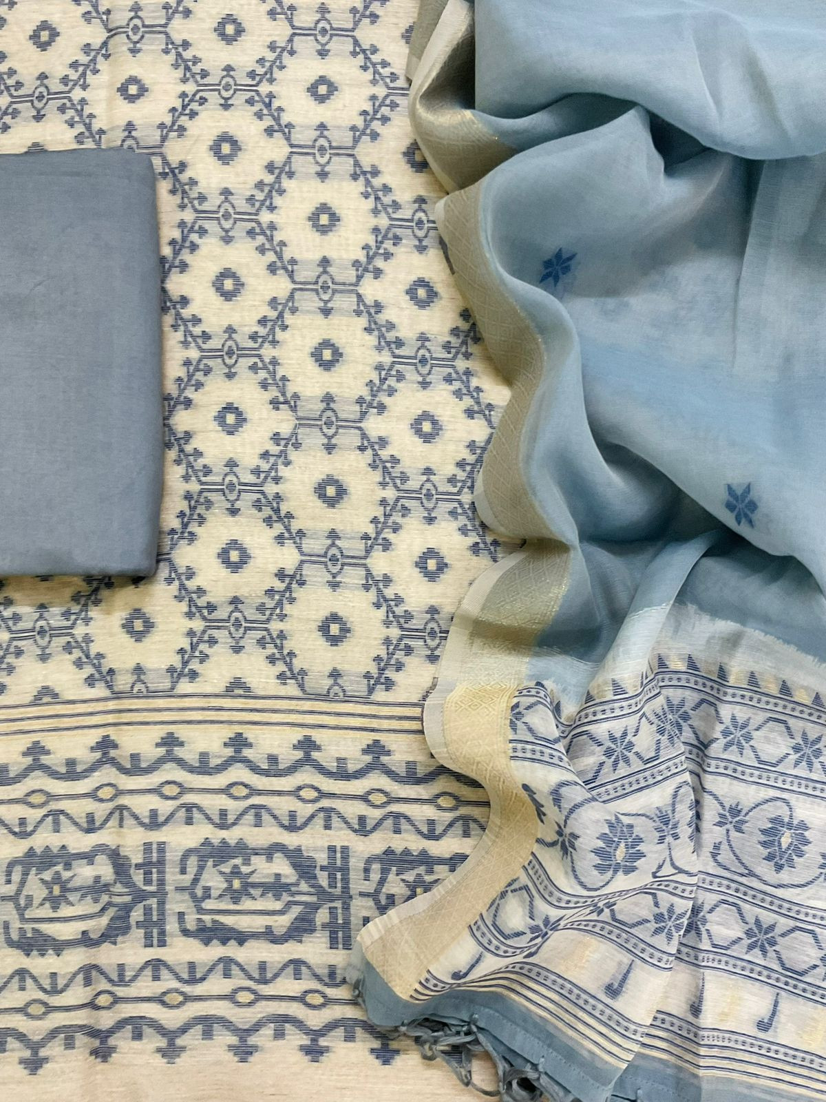 Soft Slub Chanderi Jamdani Weaved Embroidered Suit - Blue