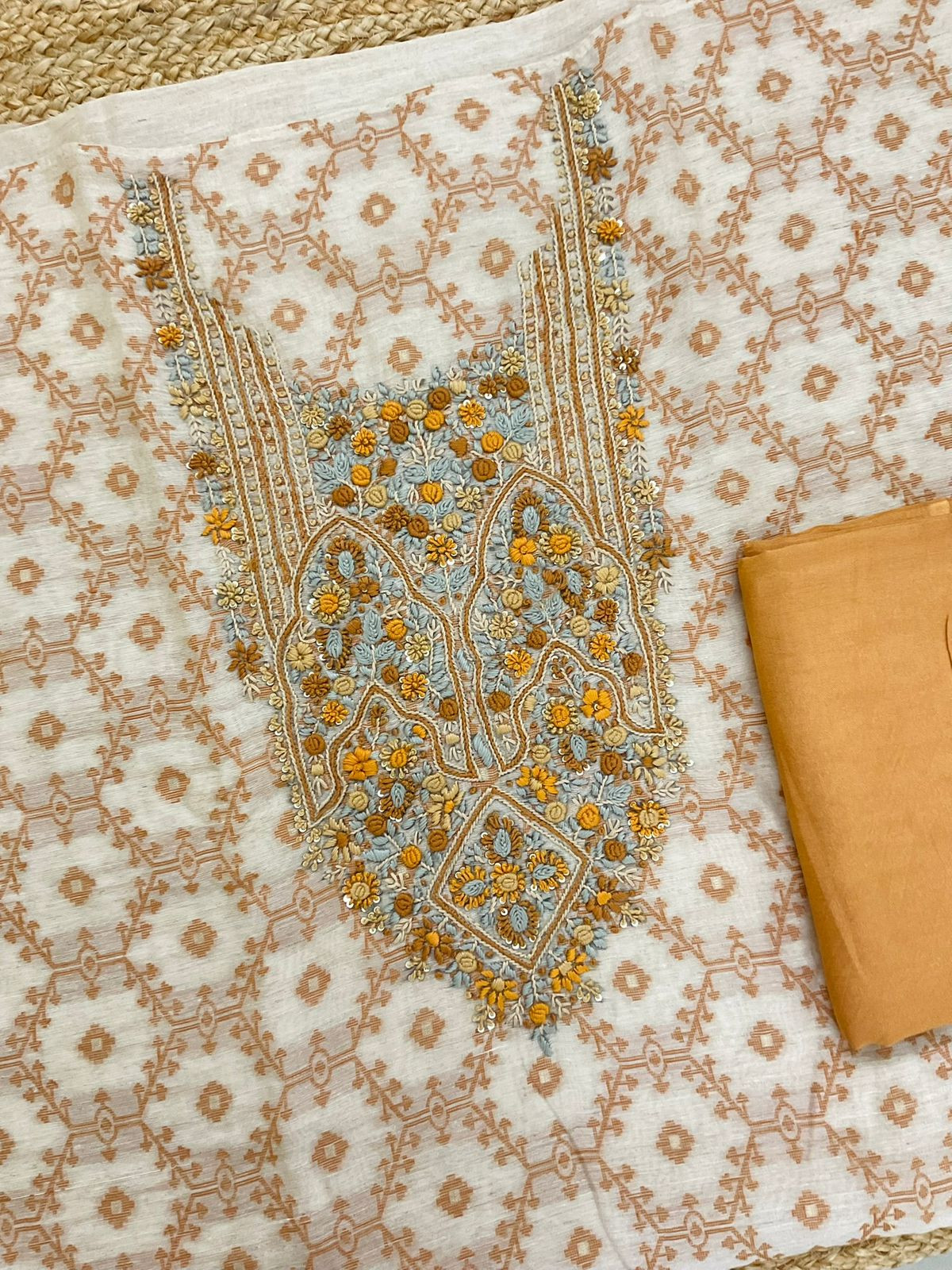 Soft Slub Chanderi Jamdani Weaved Embroidered Suit - Yellow