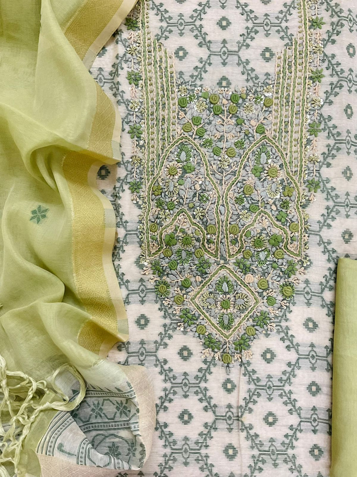 Soft Slub Chanderi Jamdani Weaved Embroidered Suit - Green