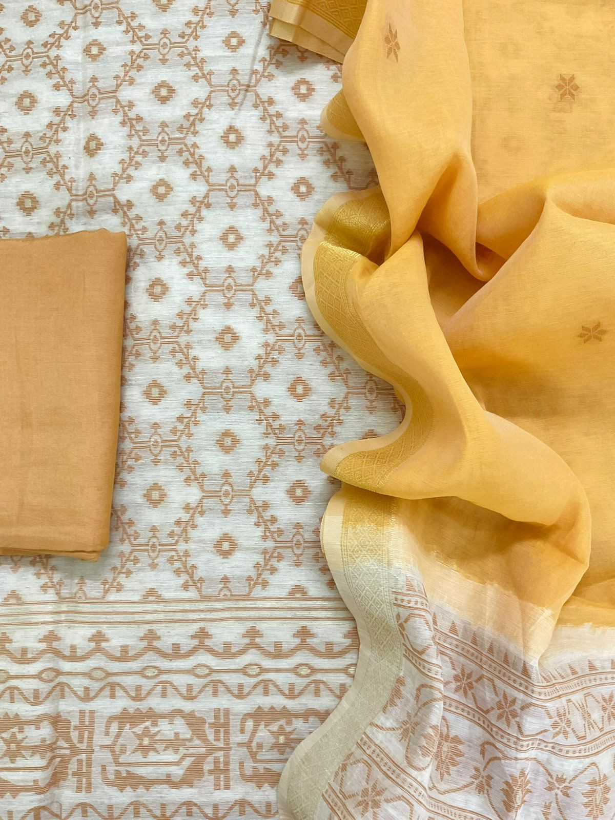 Soft Slub Chanderi Jamdani Weaved Embroidered Suit - Yellow