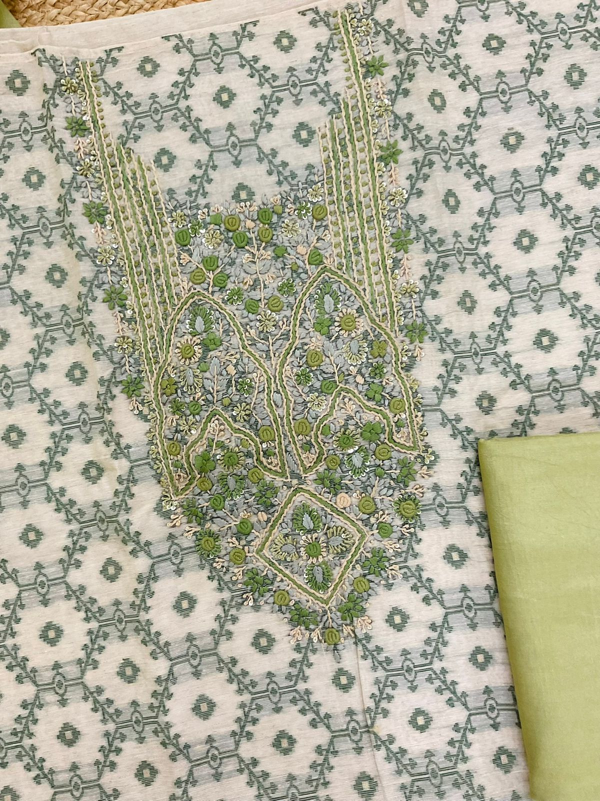 Soft Slub Chanderi Jamdani Weaved Embroidered Suit - Green