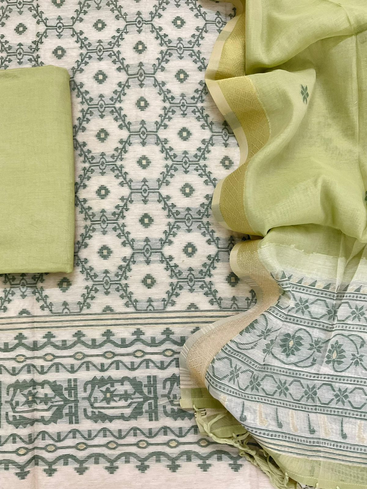 Soft Slub Chanderi Jamdani Weaved Embroidered Suit - Green