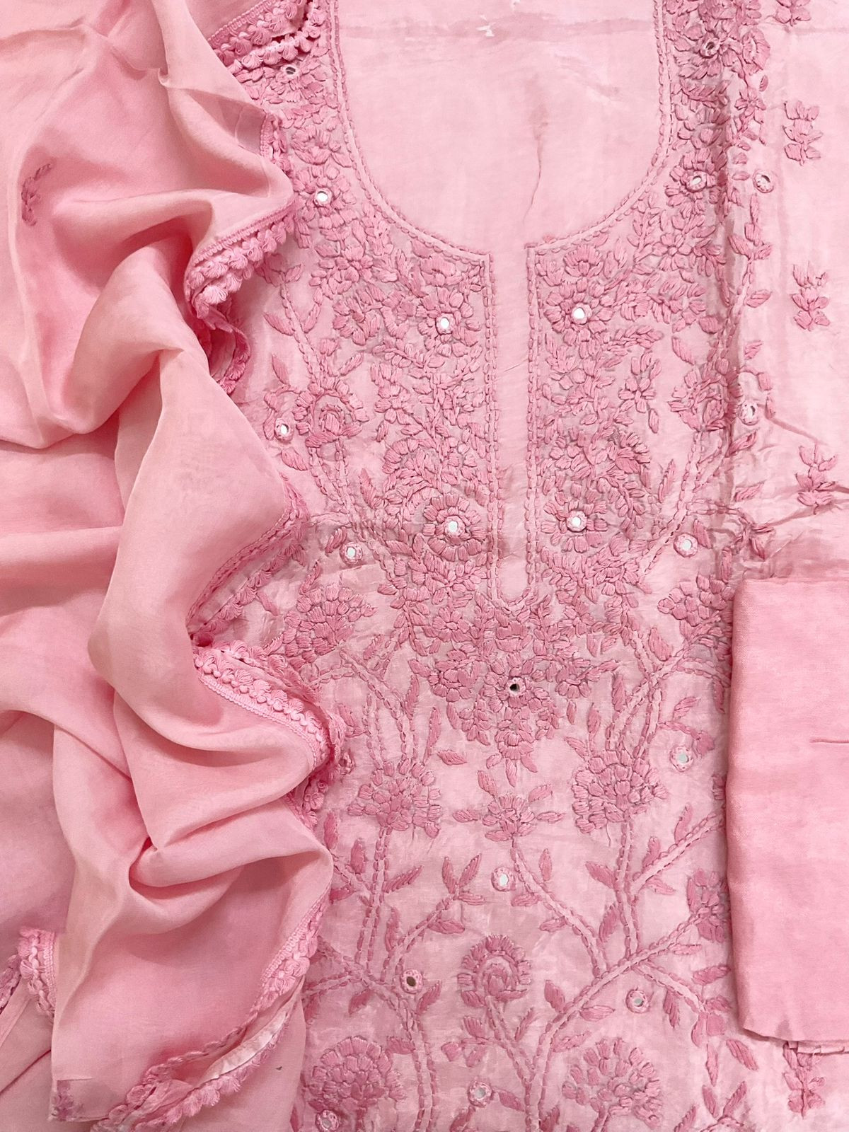 Pure Upada Silk Embroidered Suit - Peach