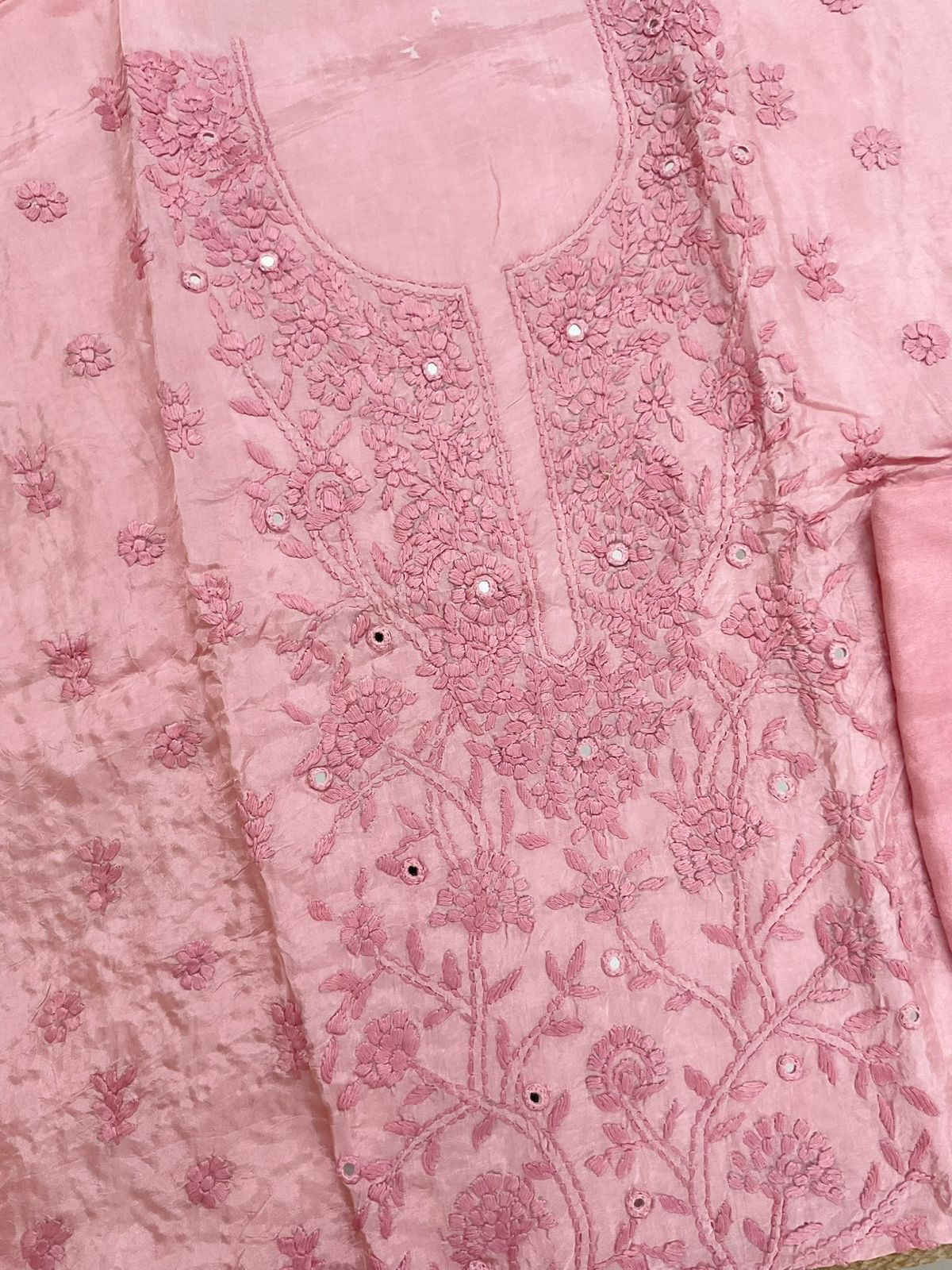 Pure Upada Silk Embroidered Suit - Peach