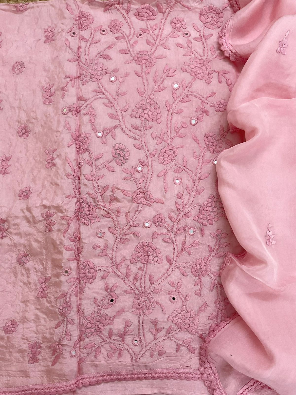 Pure Upada Silk Embroidered Suit - Peach