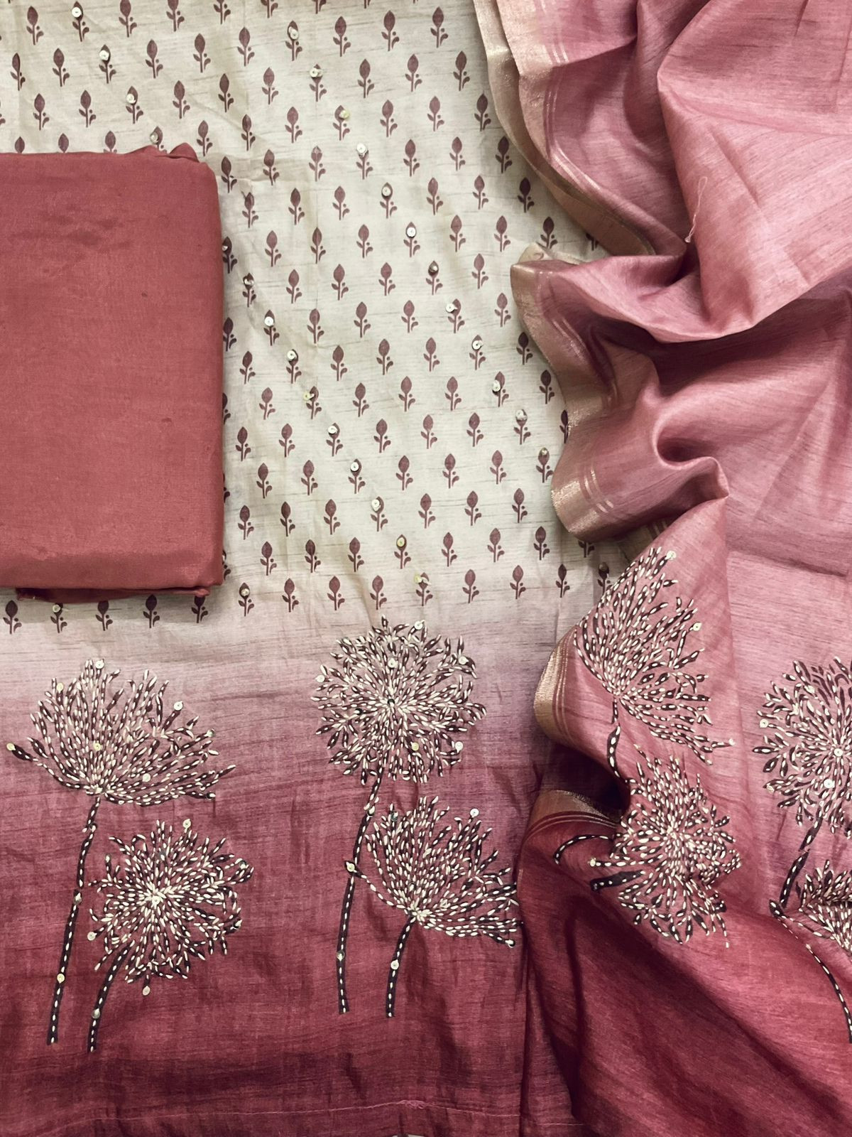 Soft Kora Chanderi Printed Embroidered Suit - Beige