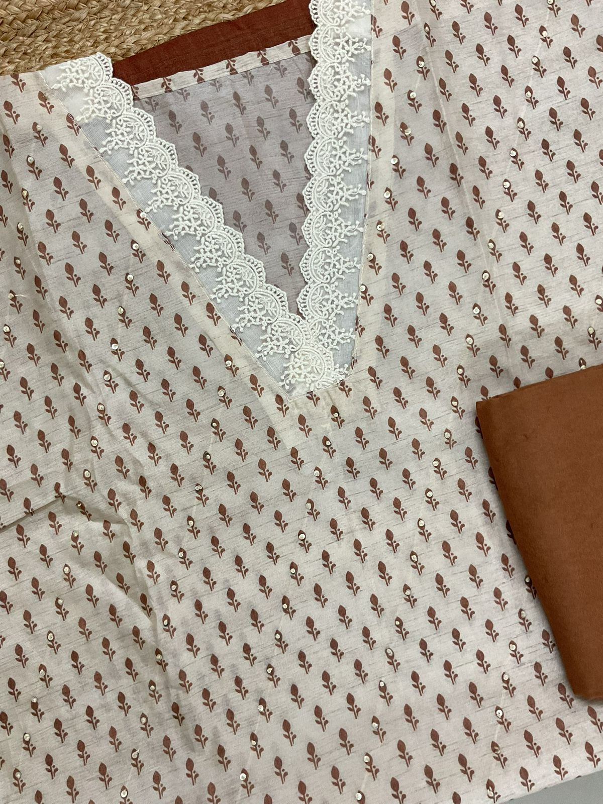 Soft Kora Chanderi Printed Embroidered Suit - Beige