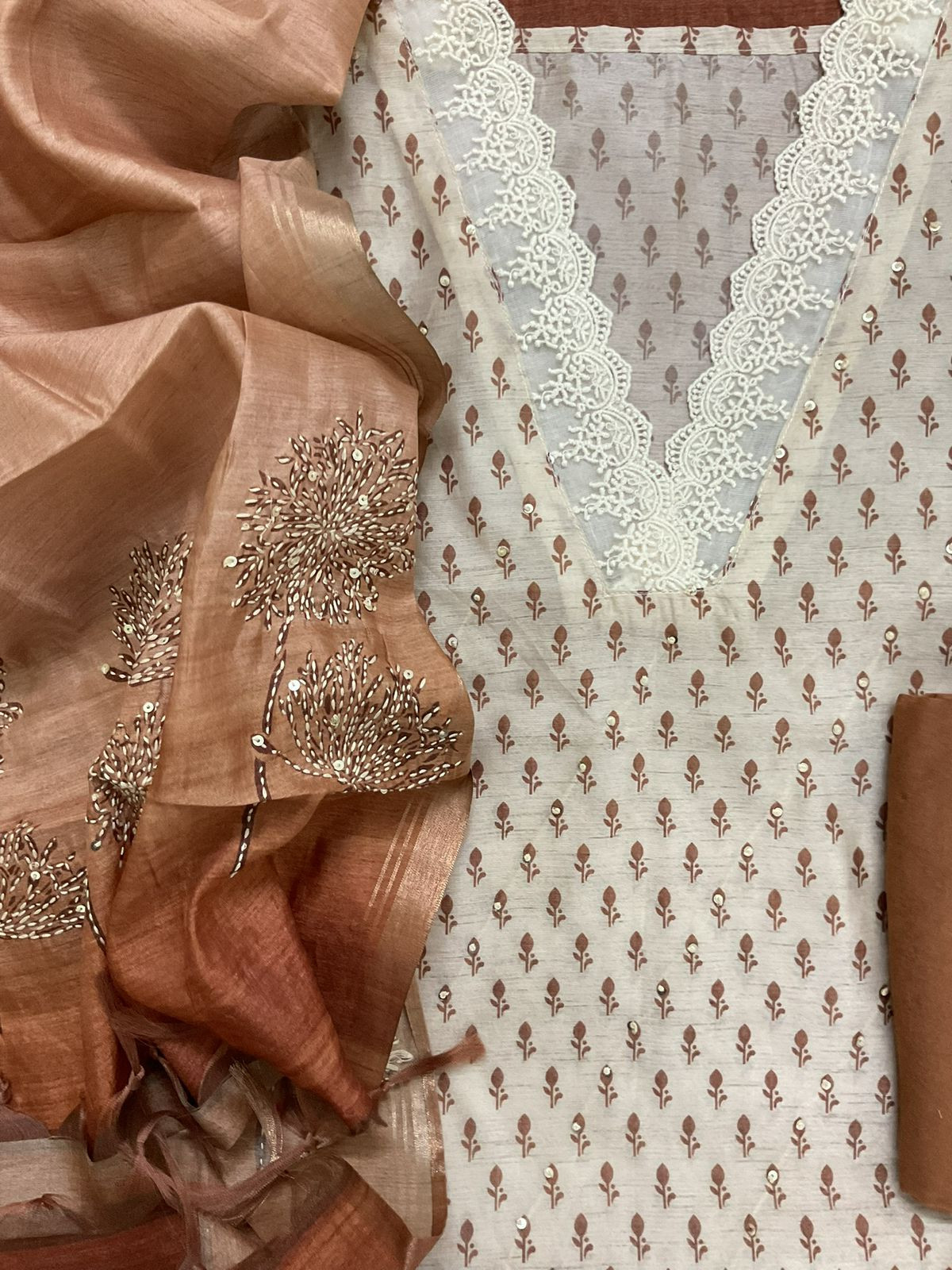 Soft Kora Chanderi Printed Embroidered Suit - Beige