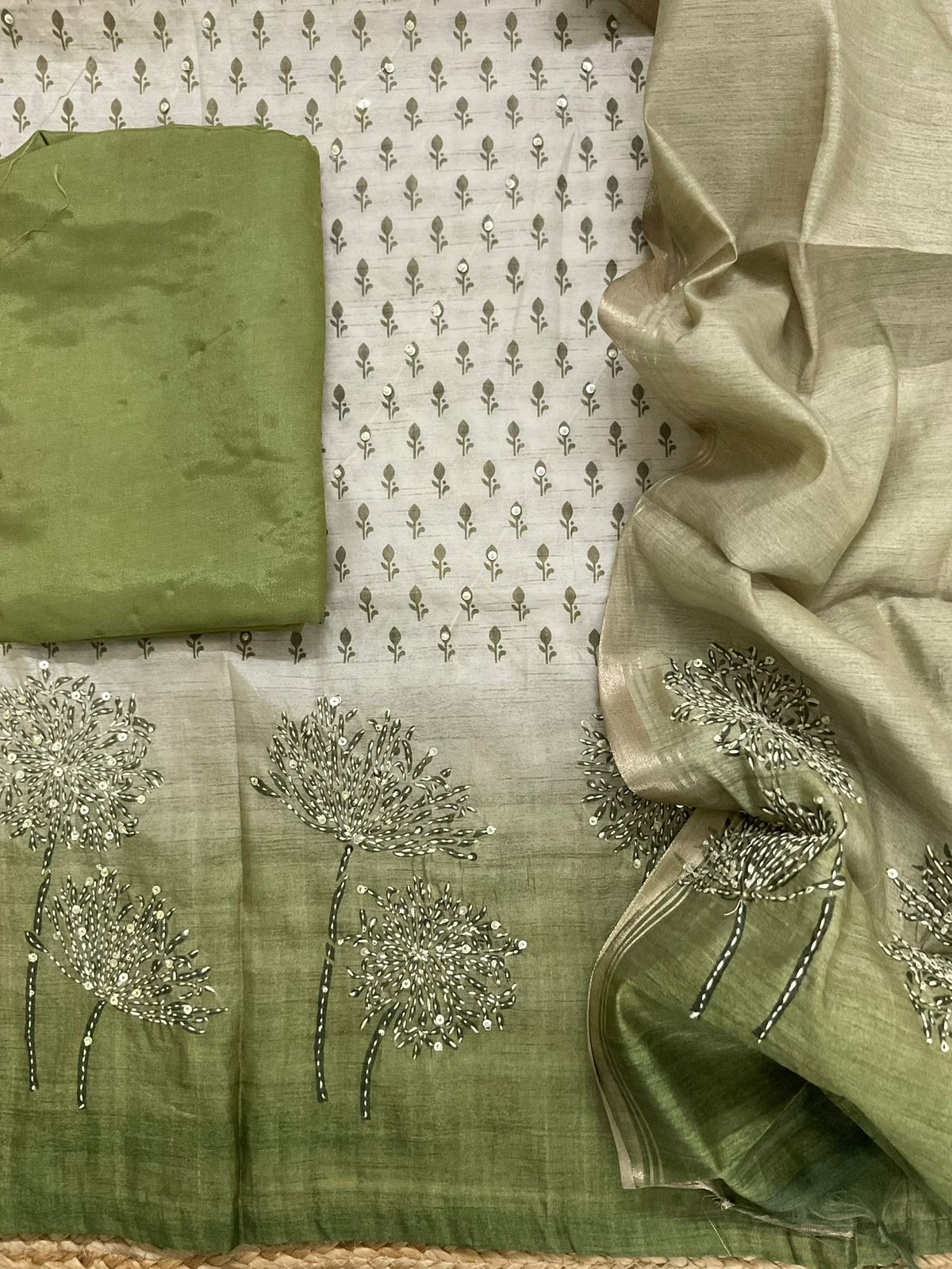 Soft Kora Chanderi Printed Embroidered Suit - Beige