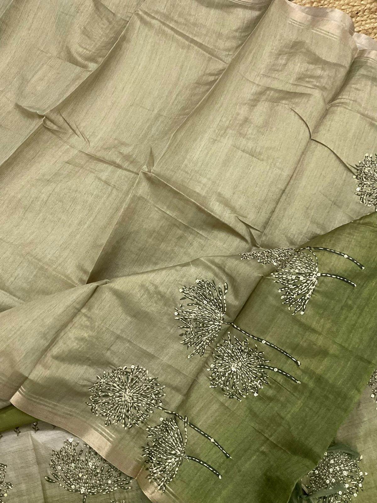 Soft Kora Chanderi Printed Embroidered Suit - Beige