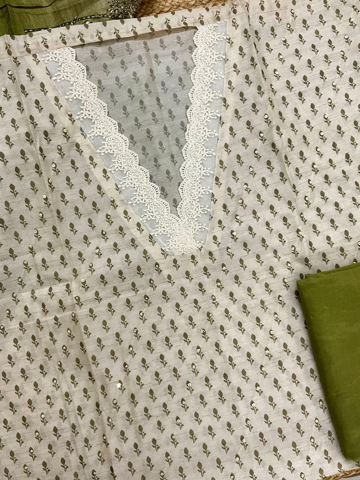 Soft Kora Chanderi Printed Embroidered Suit - Beige