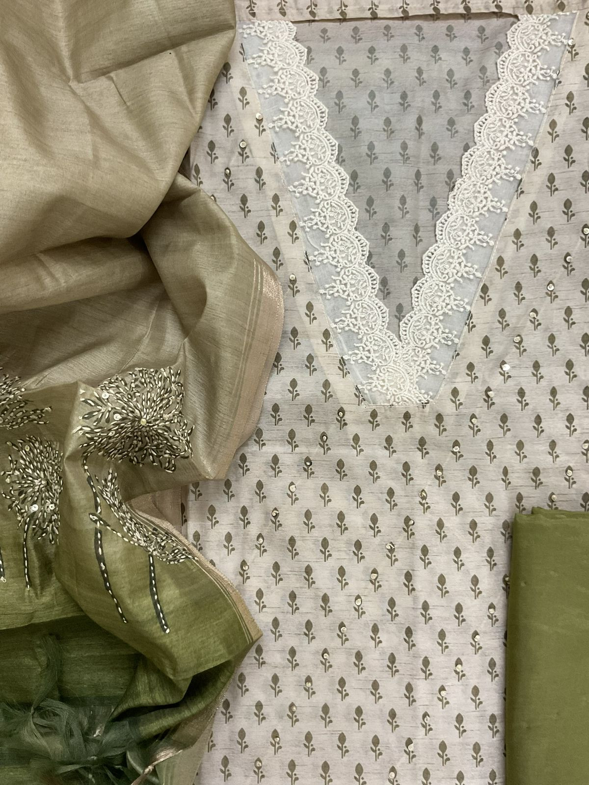 Soft Kora Chanderi Printed Embroidered Suit - Beige