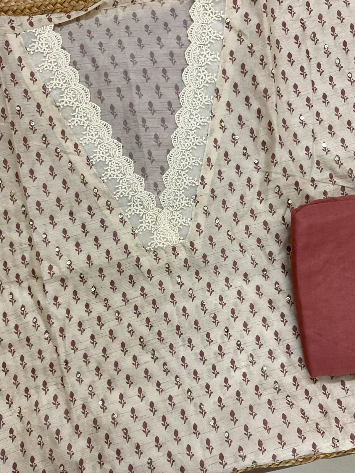 Soft Kora Chanderi Printed Embroidered Suit - Beige