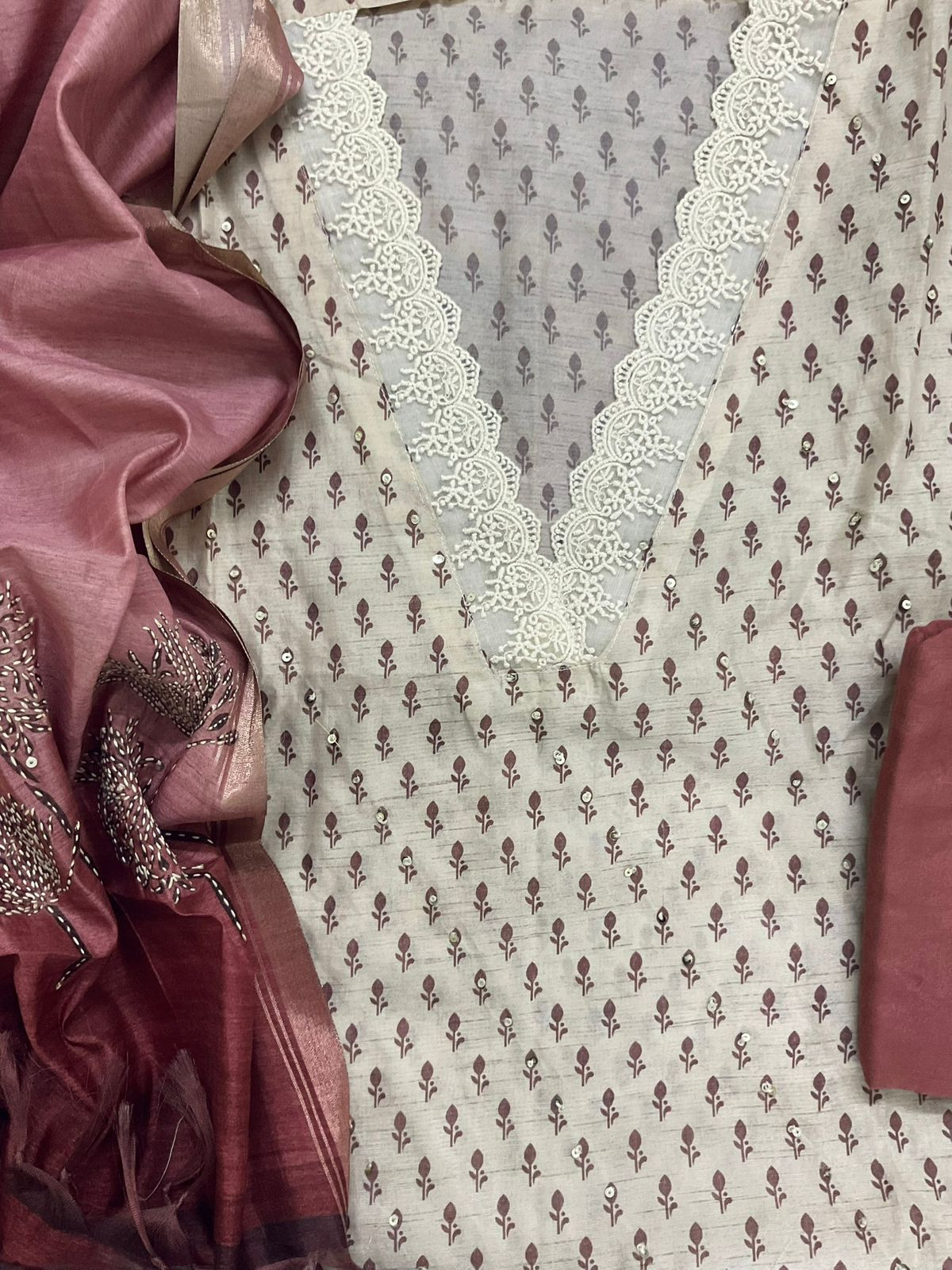 Soft Kora Chanderi Printed Embroidered Suit - Beige