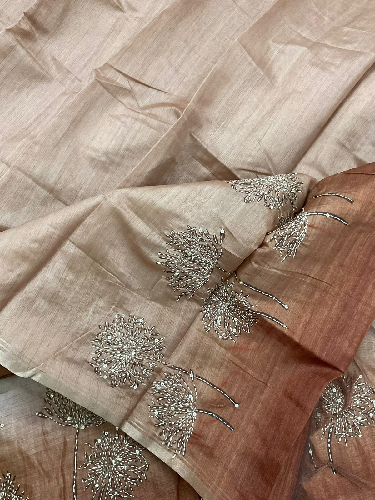 Soft Kora Chanderi Printed Embroidered Suit - Beige