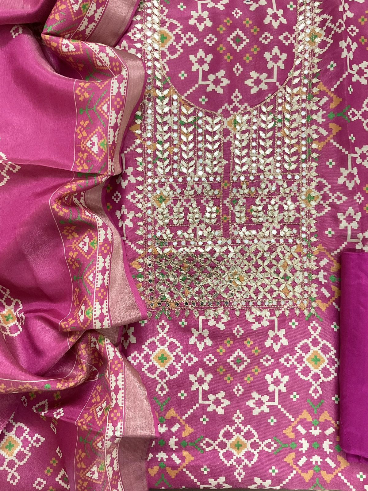 Soft Tissue Shimmer Silk Printed Embroidered Suit - Pink