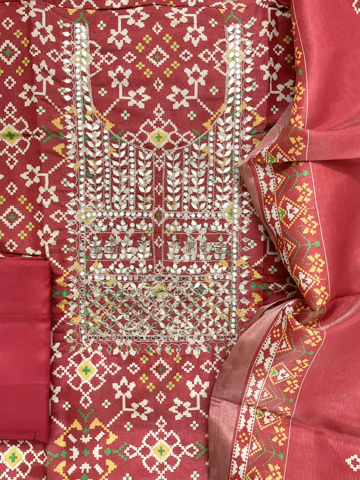 Soft Tissue Shimmer Silk Printed Embroidered Suit - Orange