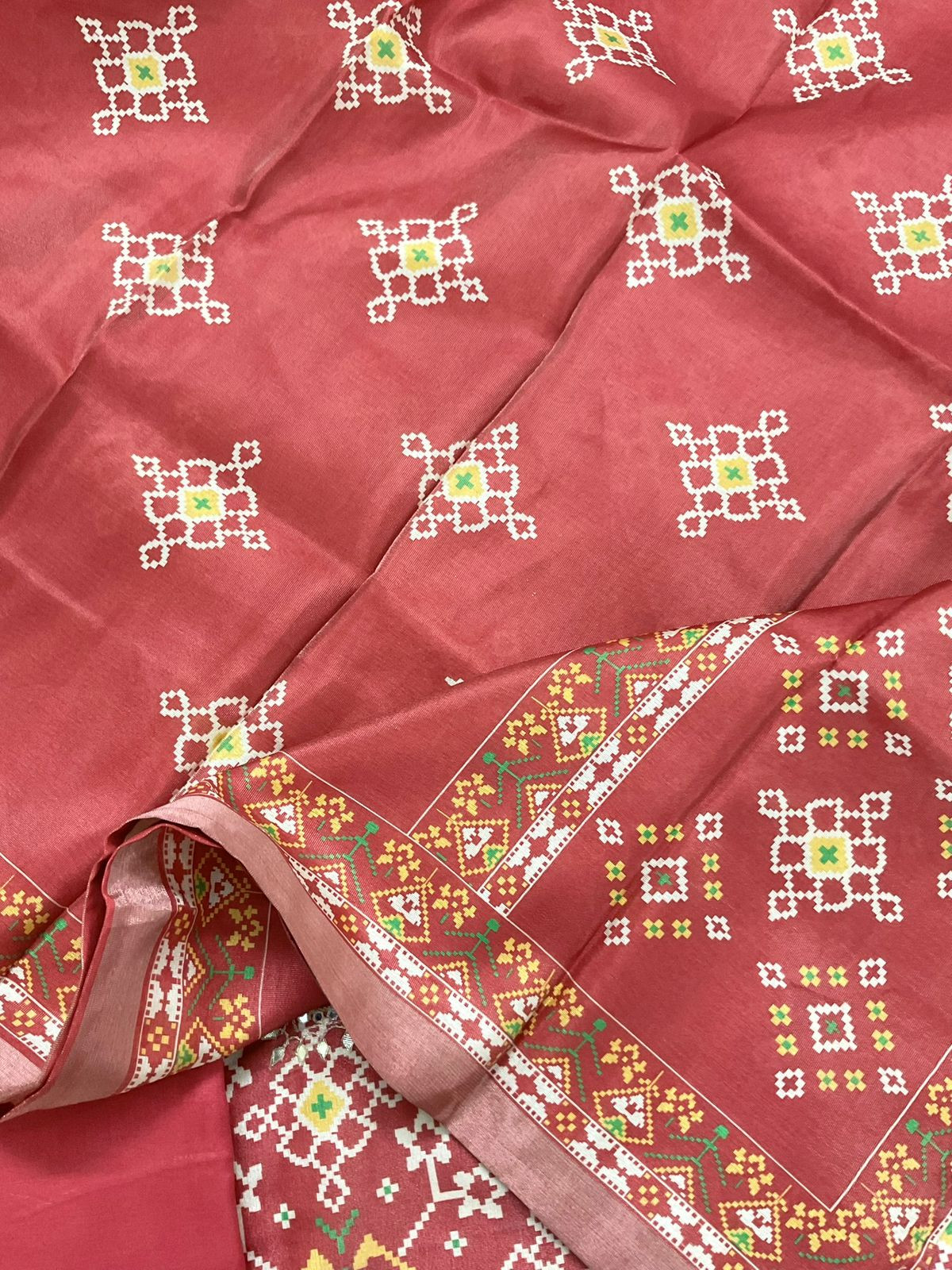 Soft Tissue Shimmer Silk Printed Embroidered Suit - Orange