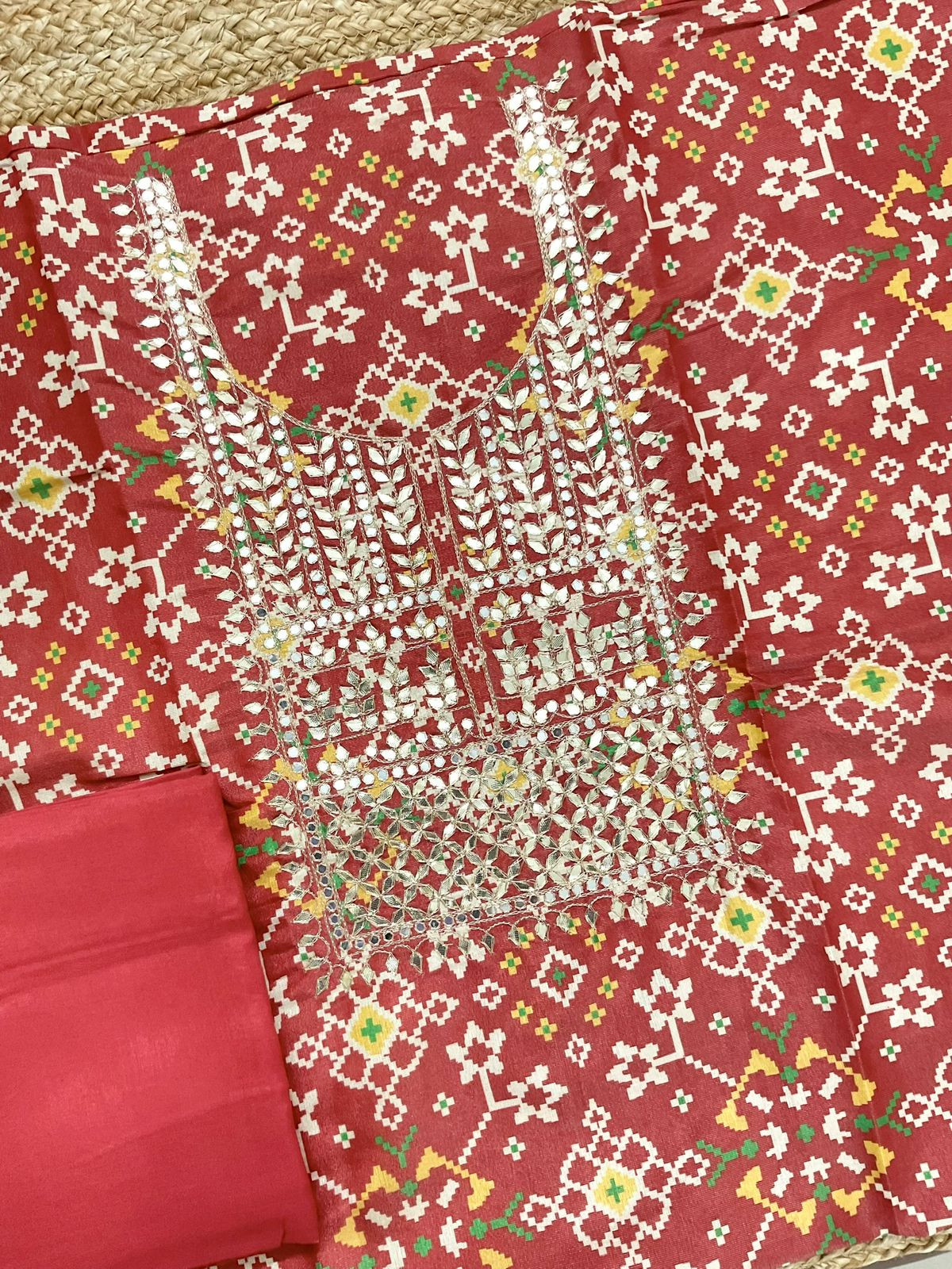 Soft Tissue Shimmer Silk Printed Embroidered Suit - Orange