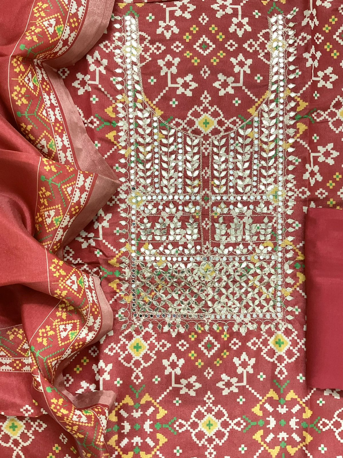 Soft Tissue Shimmer Silk Printed Embroidered Suit - Orange