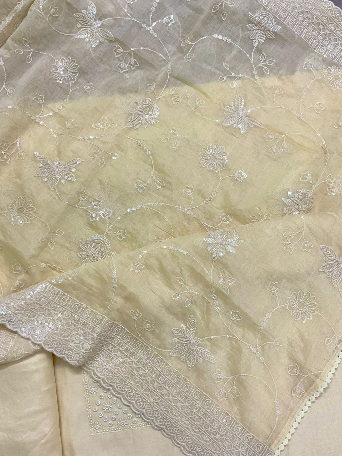 Pure Muslin Embroidered Suit - Yellow