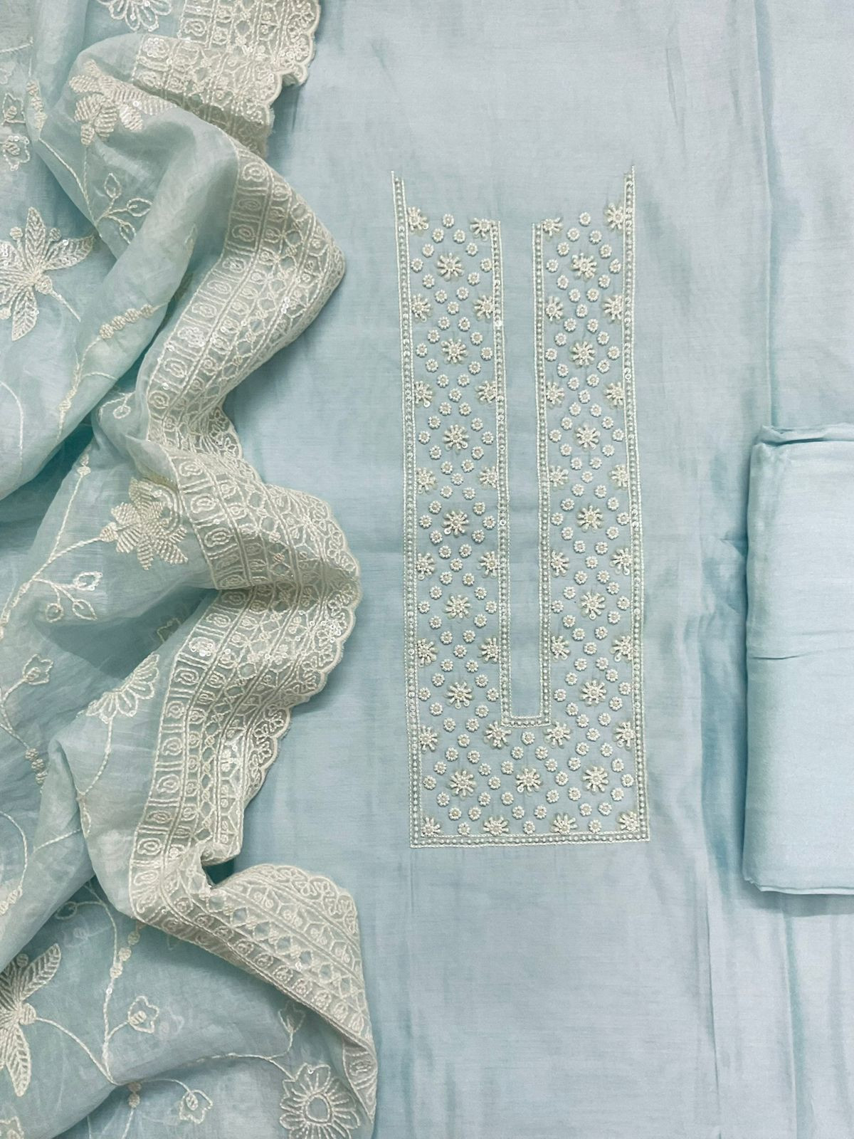 Pure Muslin Embroidered Suit - Blue