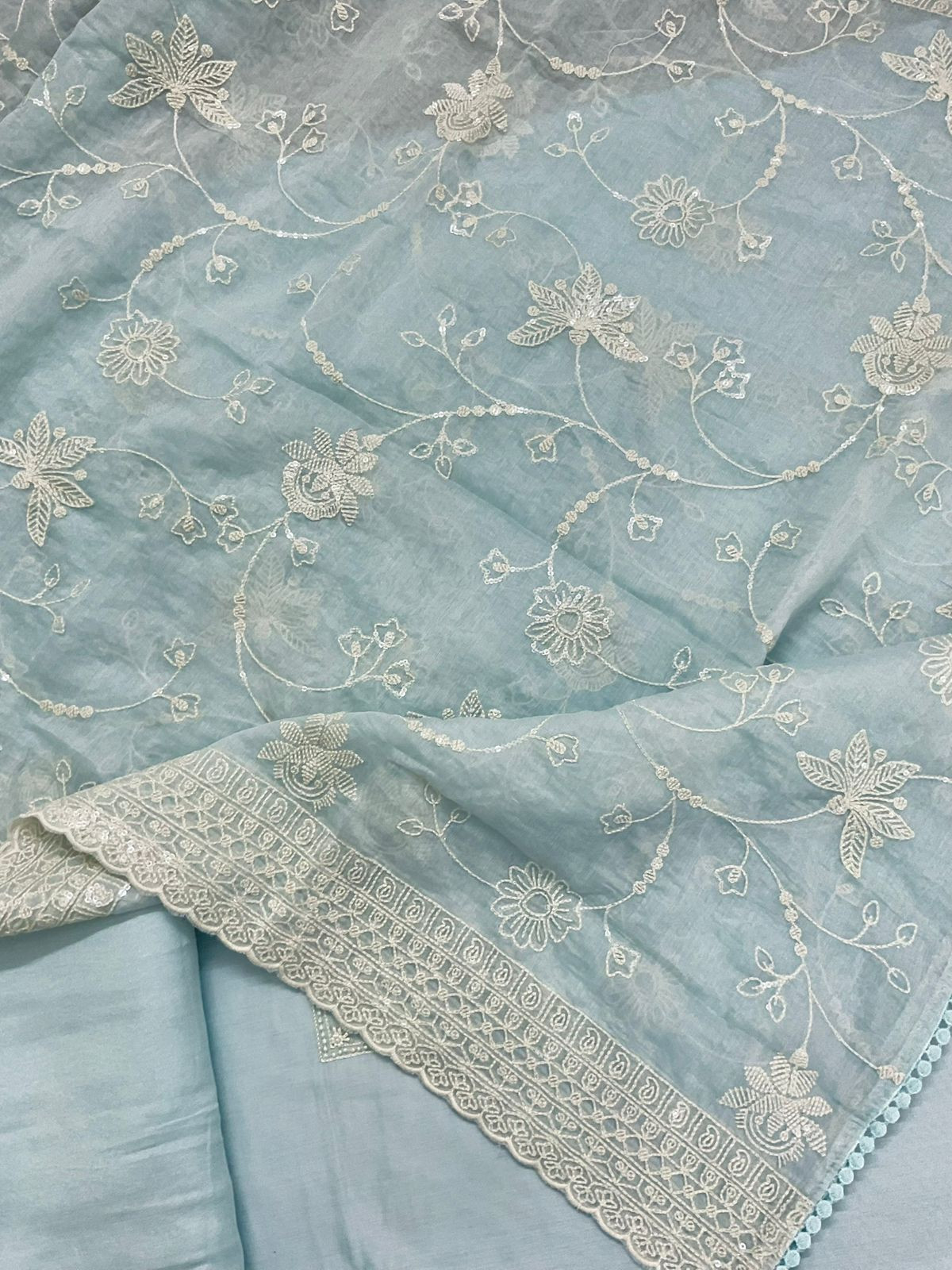 Pure Muslin Embroidered Suit - Blue